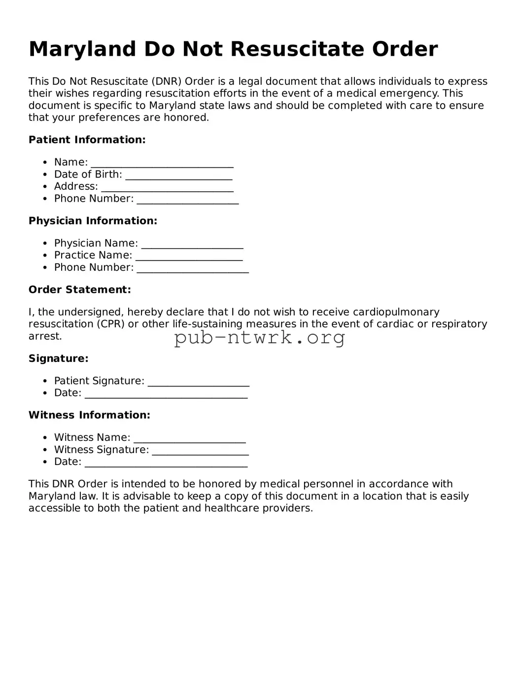 Free Maryland Do Not Resuscitate Order Form