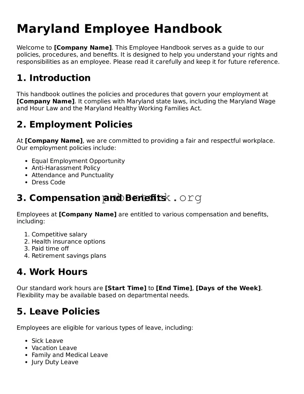 Free Maryland Employee Handbook Form