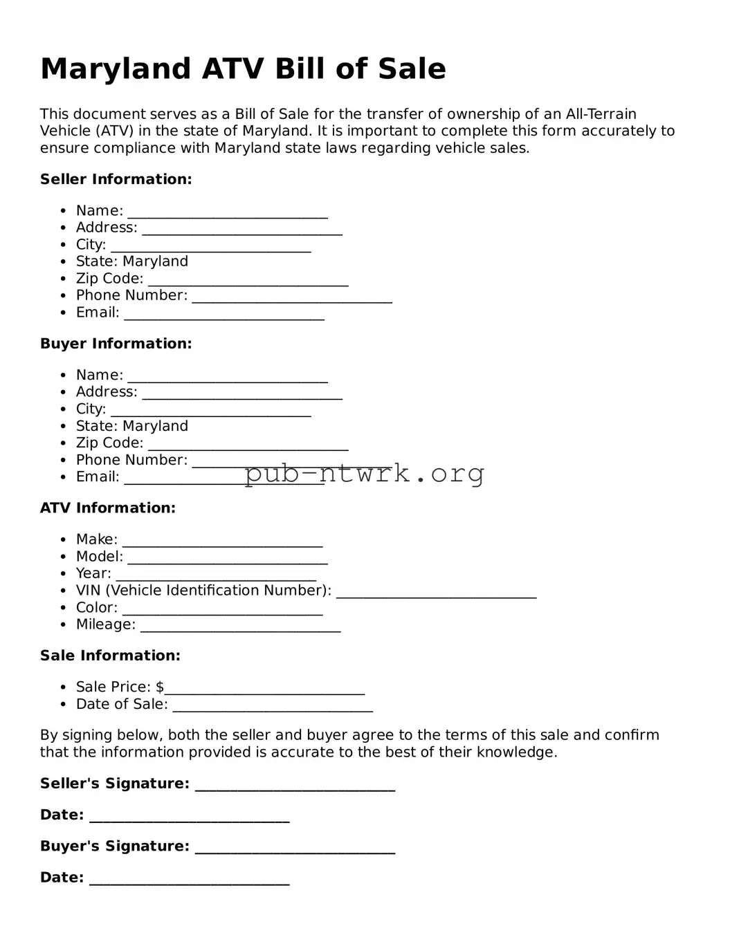 Free Maryland ATV Bill of Sale Form