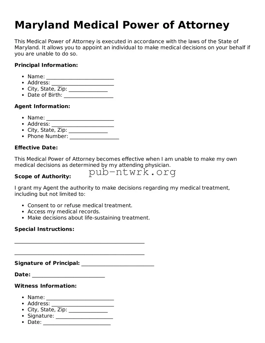 Free Maryland Medical Power of Attorney Form