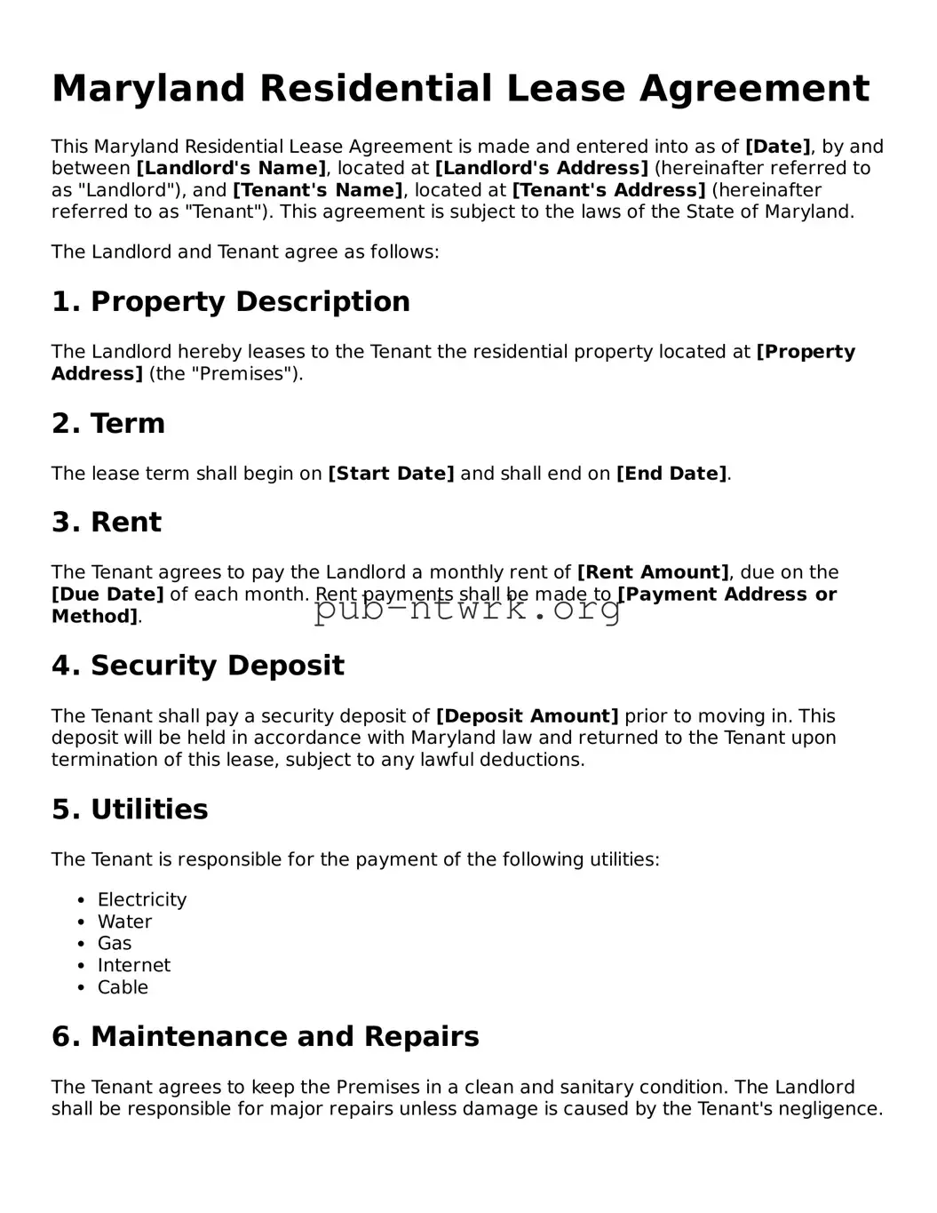 Free Maryland Residential Lease Agreement Form