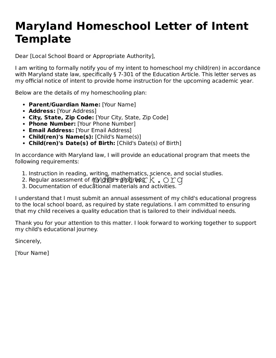 Free Maryland Homeschool Letter of Intent Form
