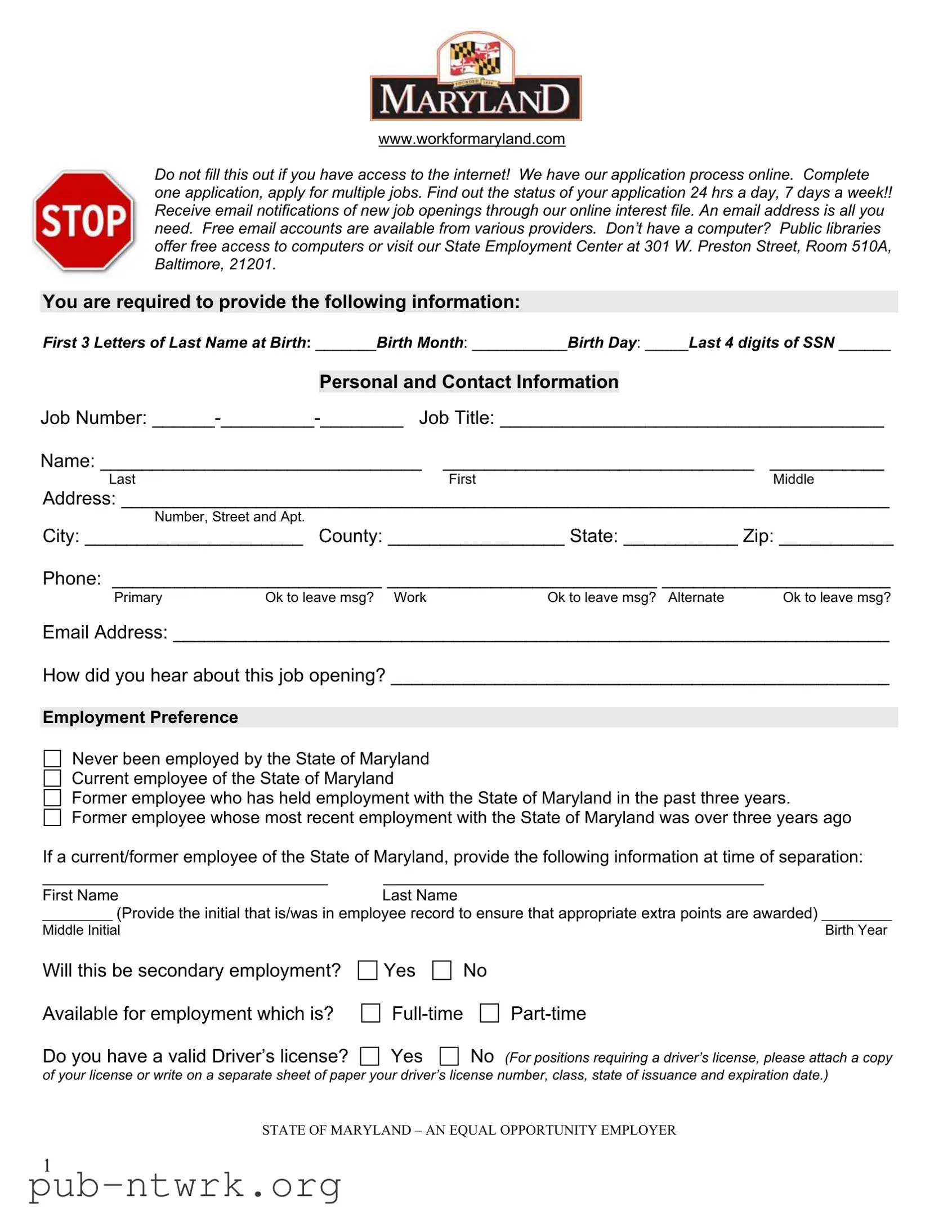 Blank Maryland Employment Application PDF Form