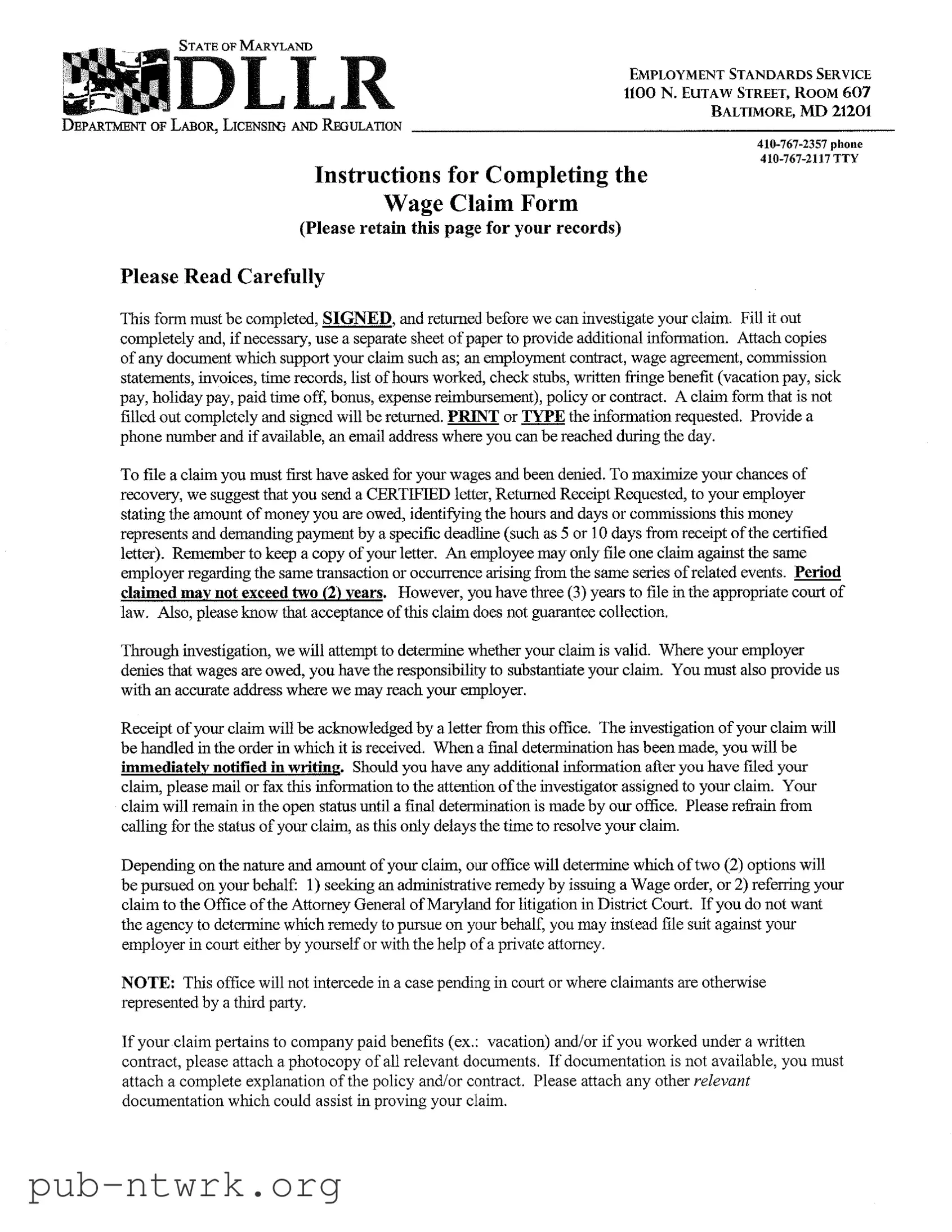 Blank Maryland Wage Claim PDF Form