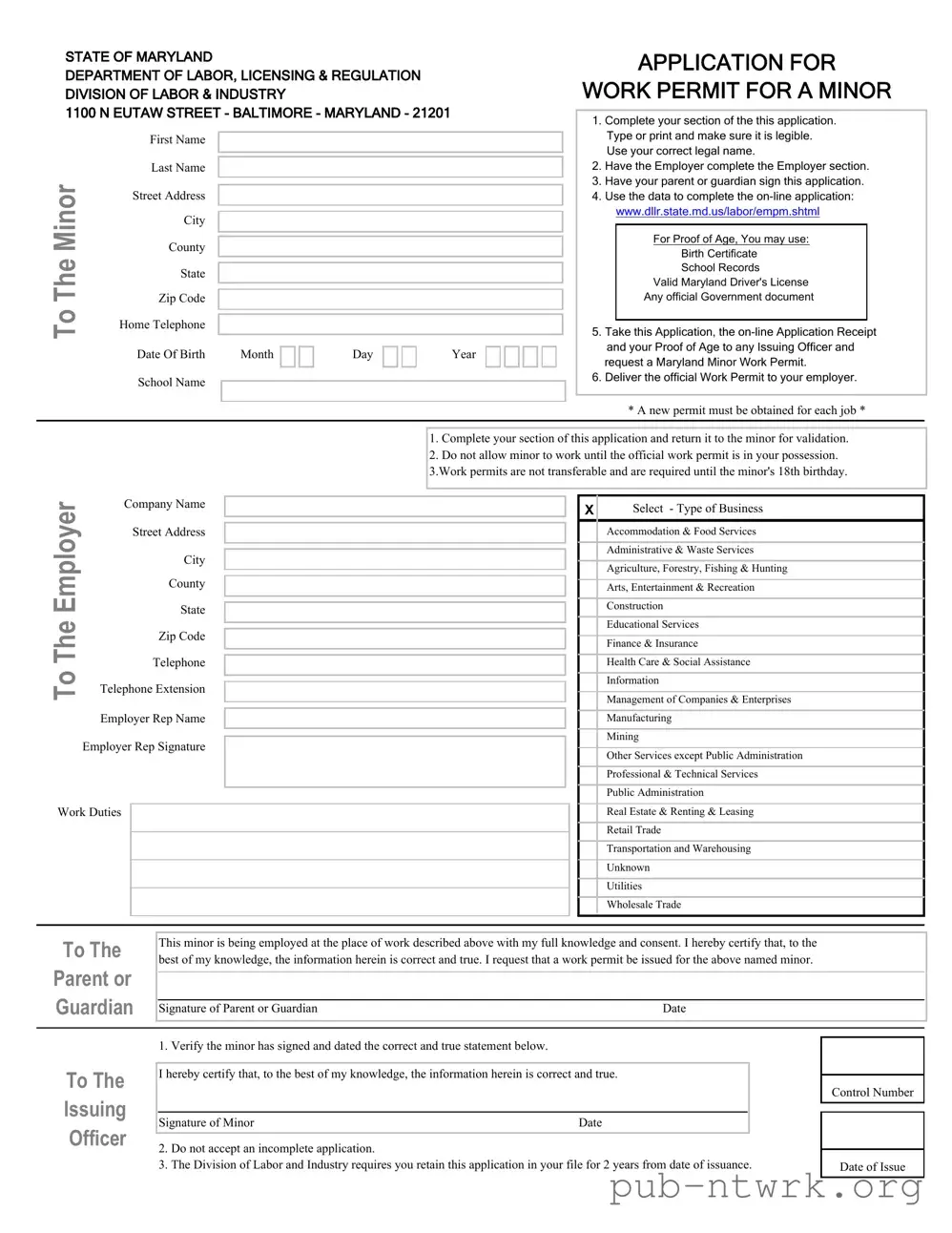 Blank Workers Permit Maryland PDF Form