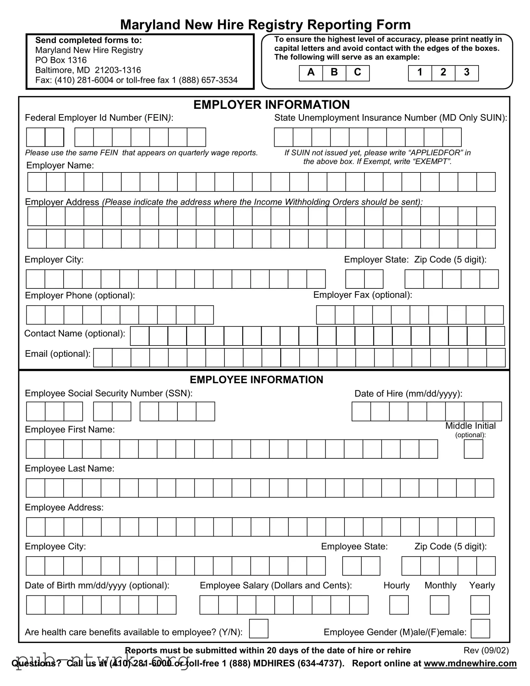 Blank Maryland New Hire PDF Form