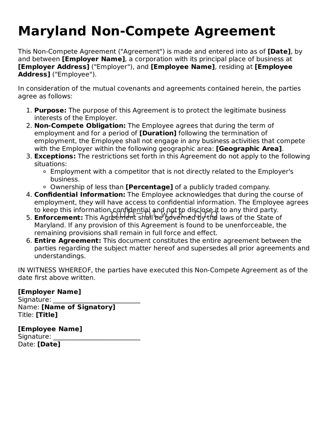 Free Maryland Non-compete Agreement Form