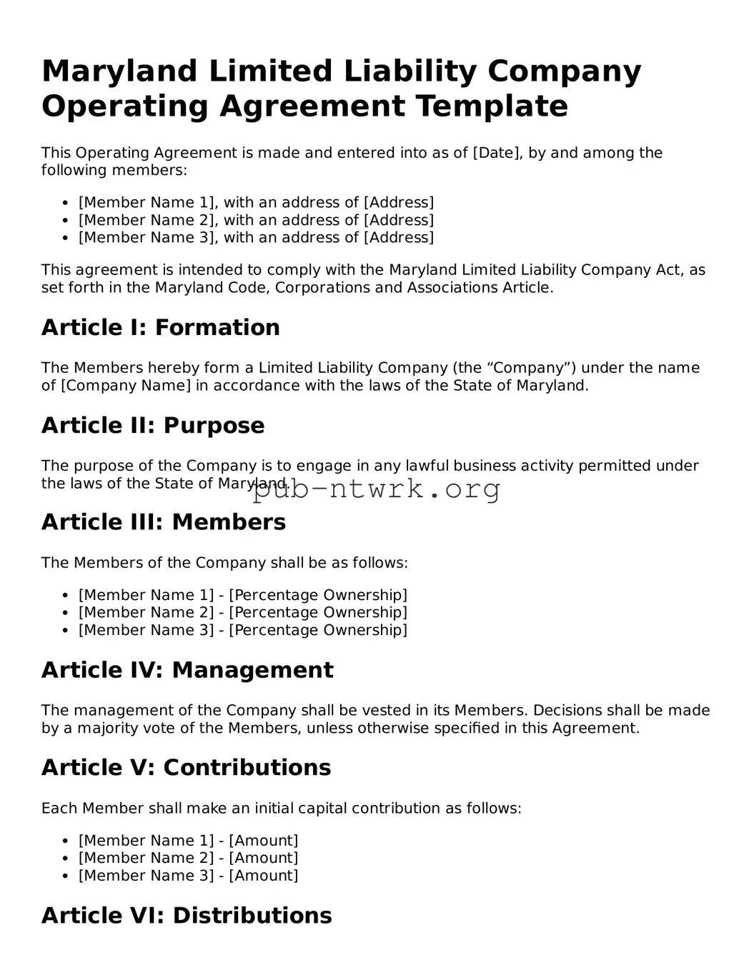 Free Maryland Operating Agreement Form