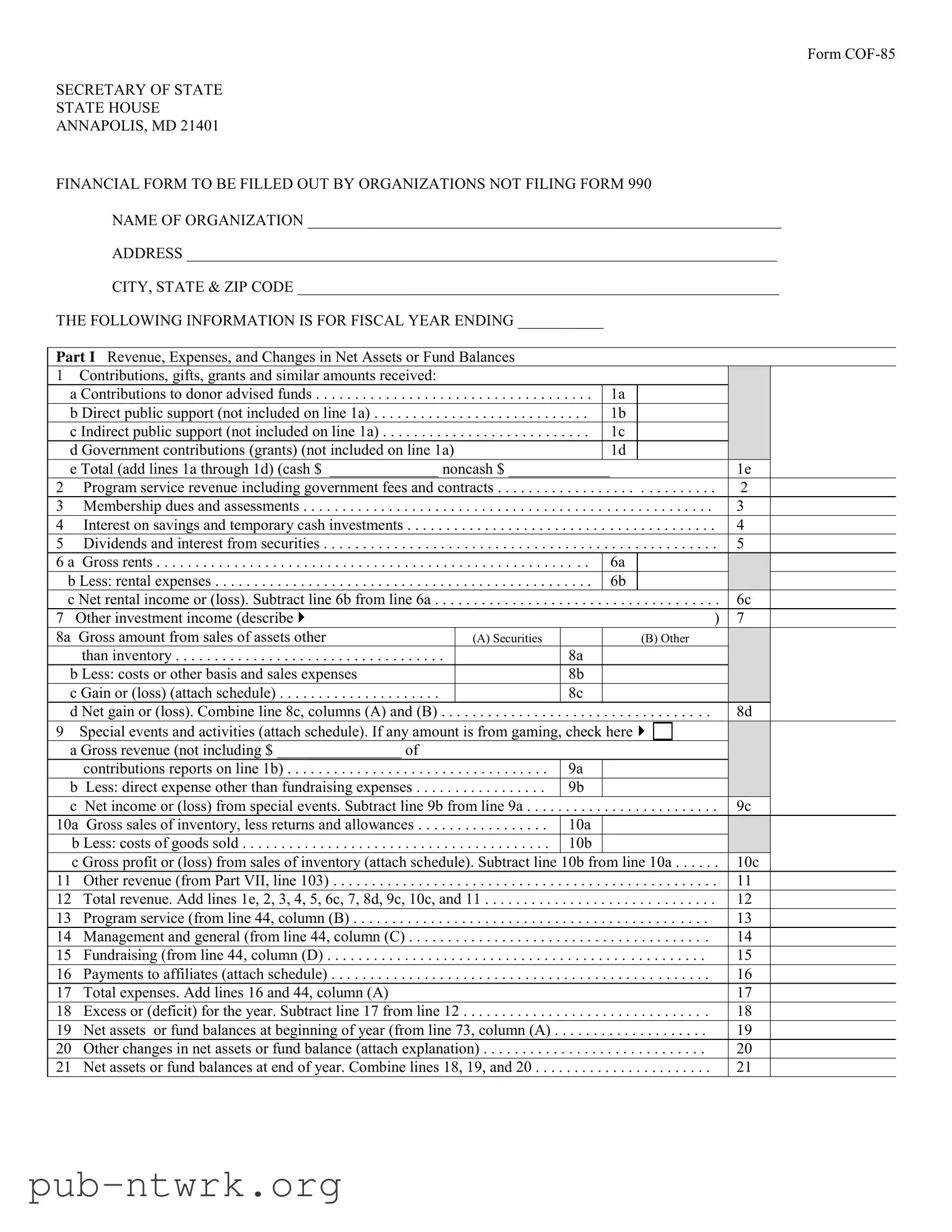 Blank Maryland Cof 85 PDF Form