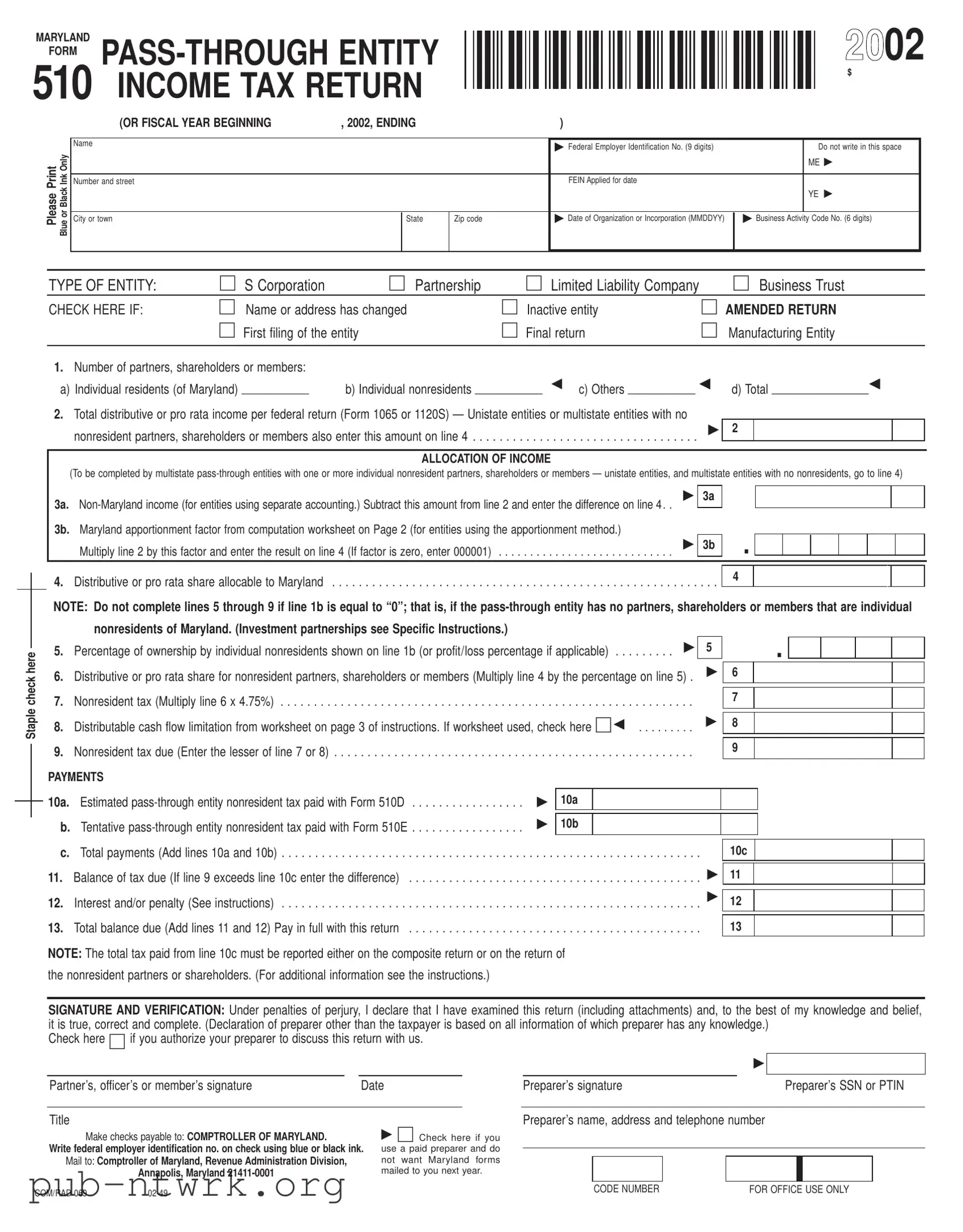 Blank Maryland Frorm 510 PDF Form