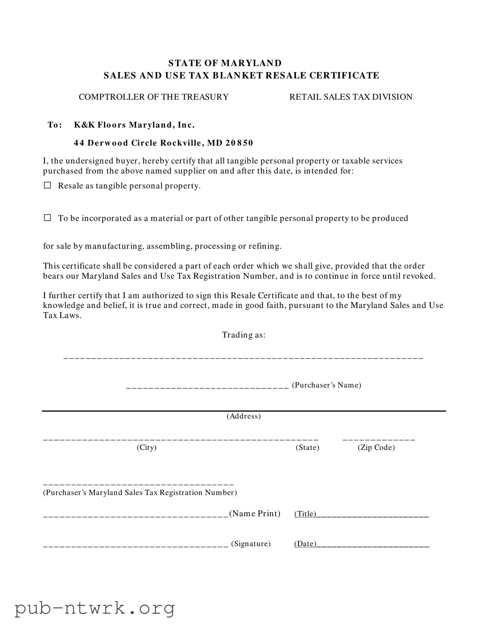 Blank Maryland Sales And Use Tax Resale Certificate PDF Form