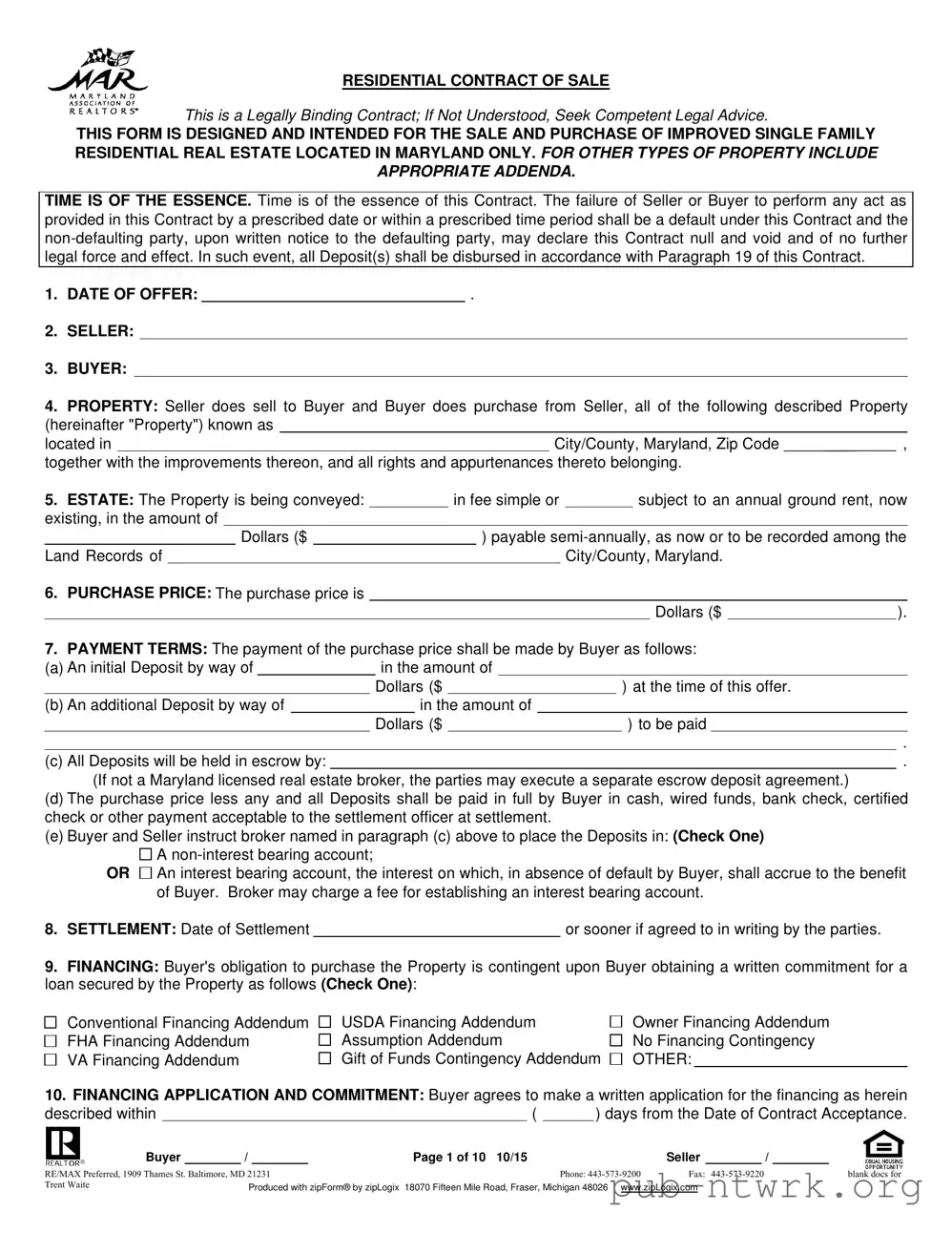 Blank Real Estate Sales Agreement In Maryland PDF Form