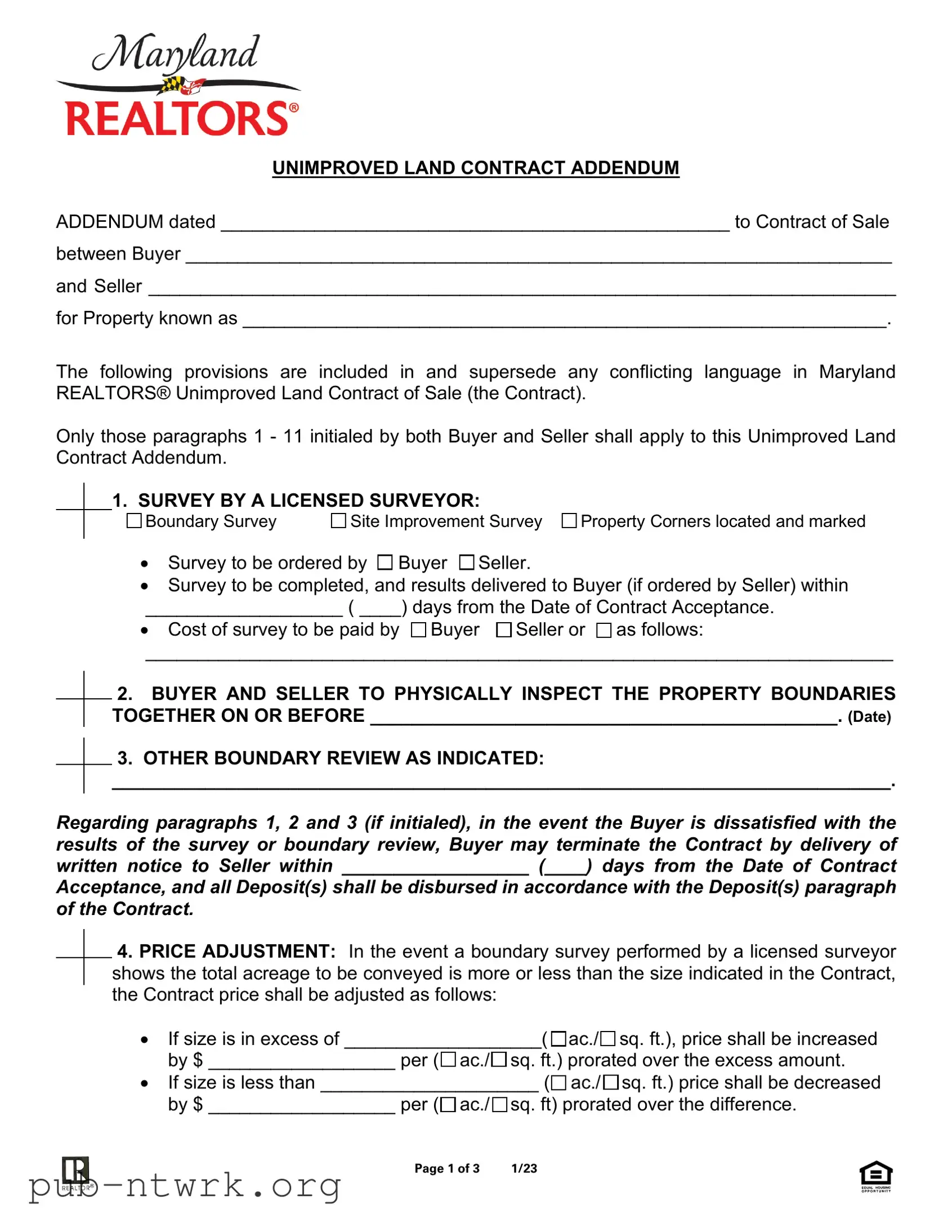 Blank Maryland Land Contract Addendum PDF Form