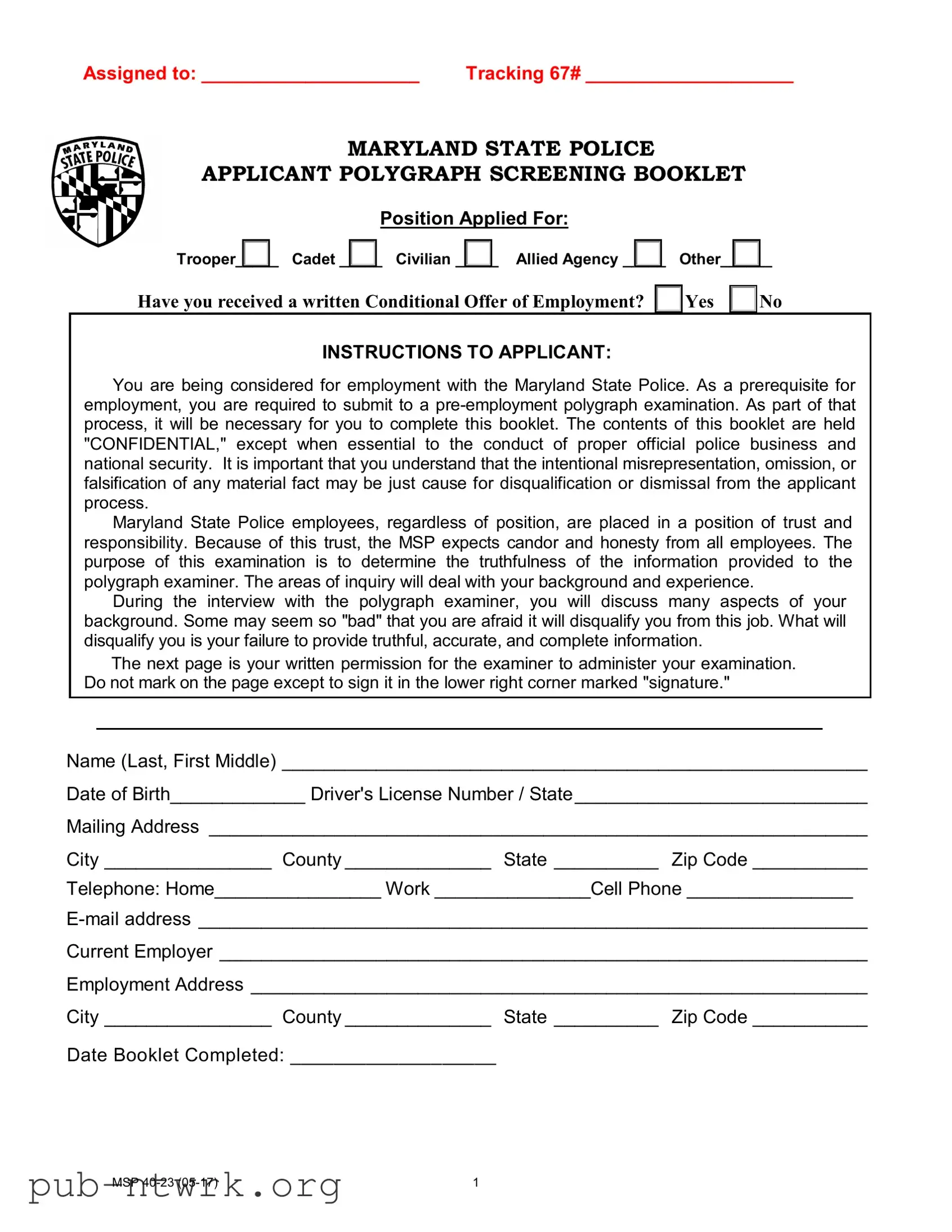Blank Maryland Polygraph Police PDF Form