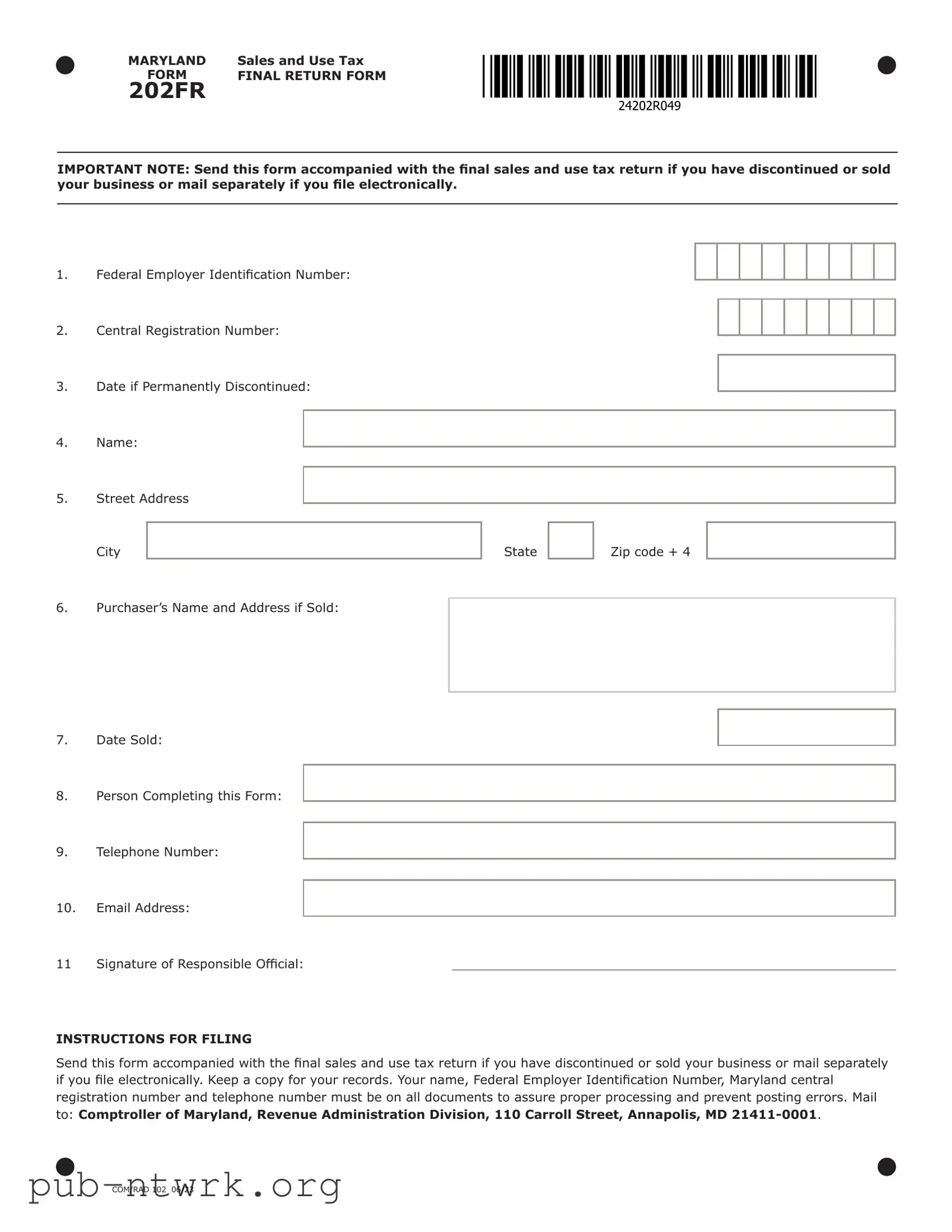 Blank Maryland Sales Use Tax 202 PDF Form
