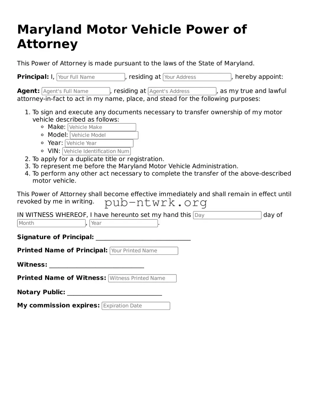 Free Maryland Motor Vehicle Power of Attorney Form