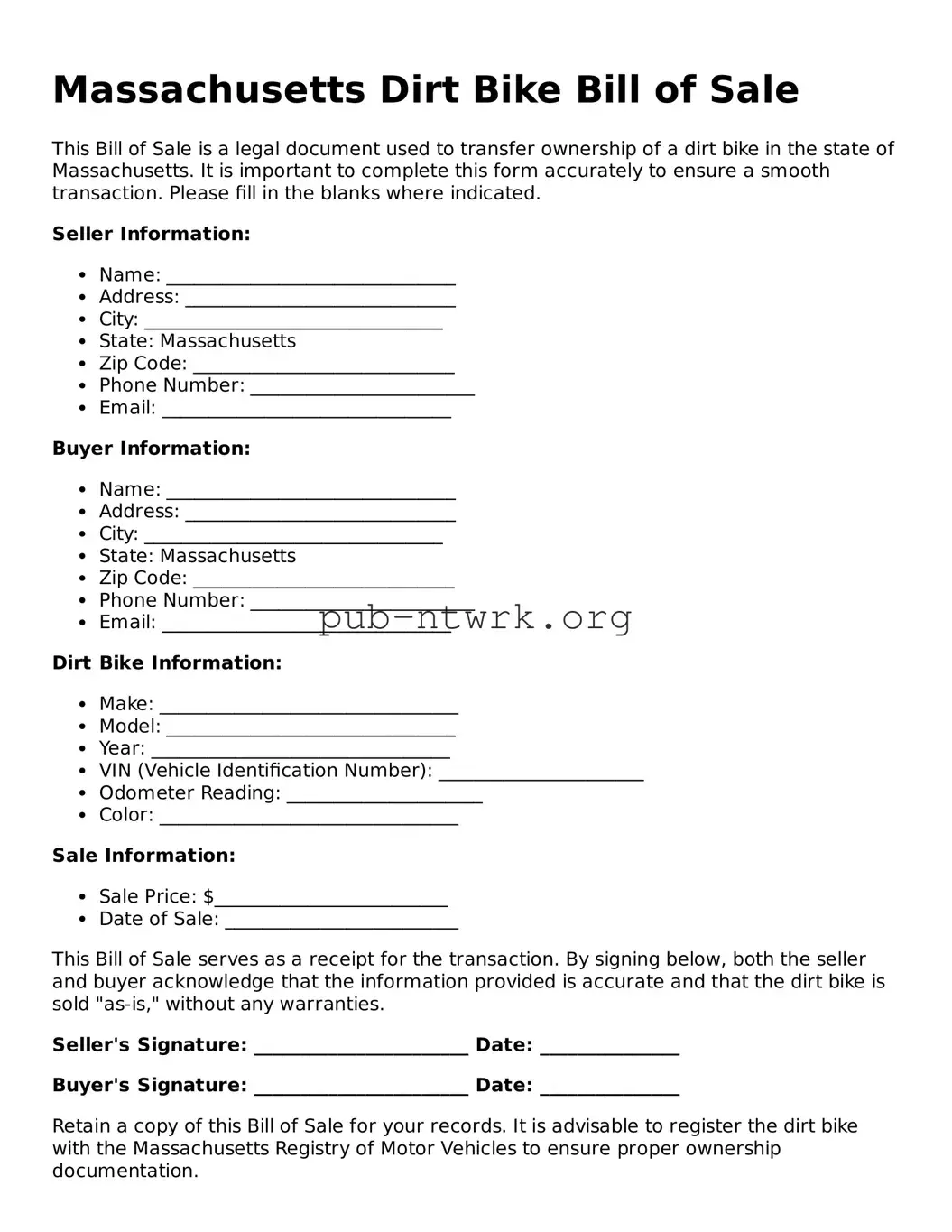 Free Massachusetts Dirt Bike Bill of Sale Form