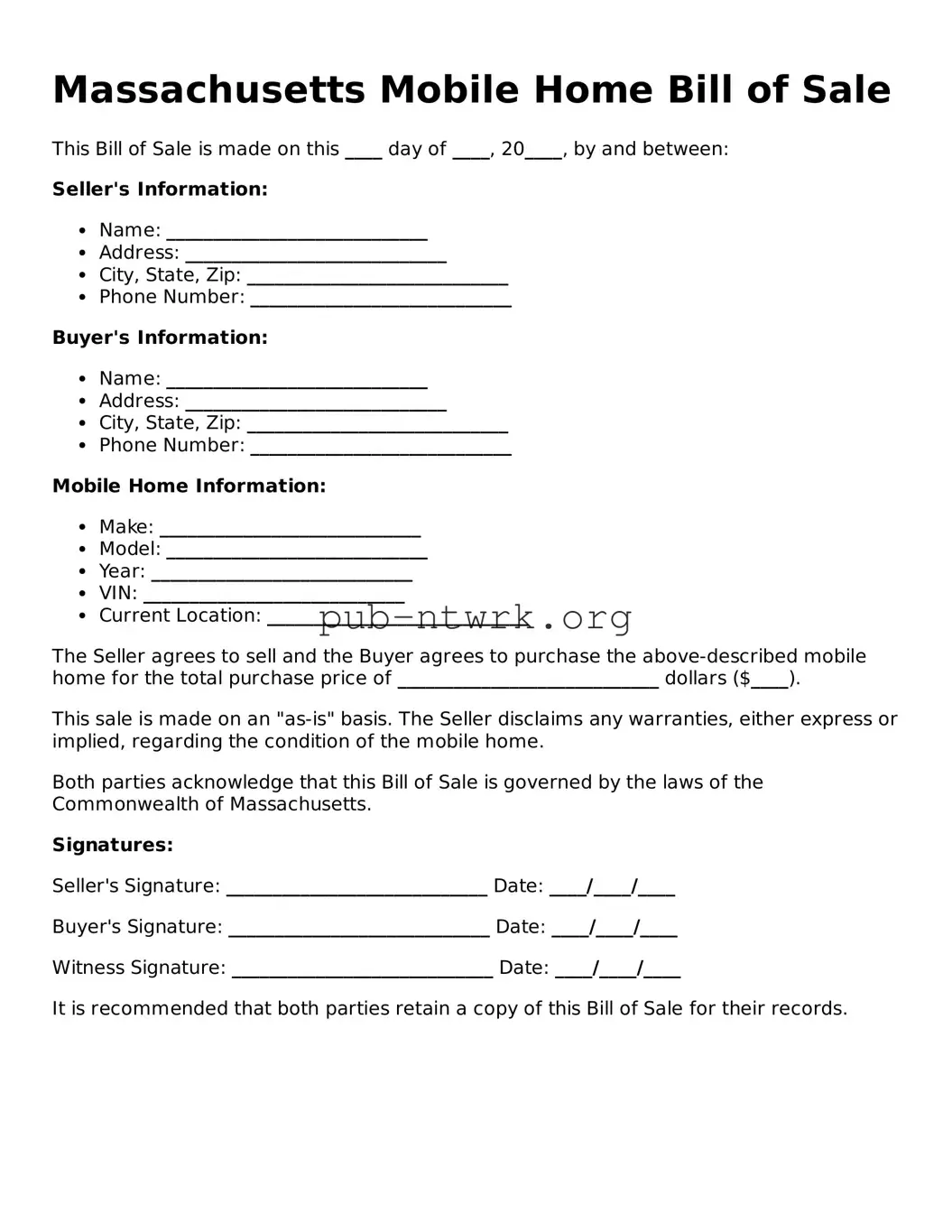 Free Massachusetts Mobile Home Bill of Sale Form