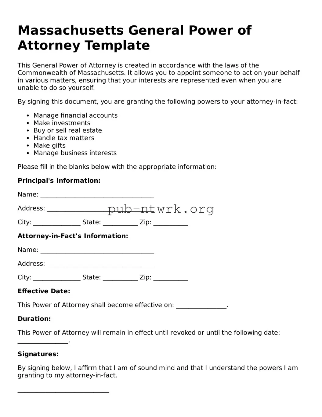 Free Massachusetts General Power of Attorney Form