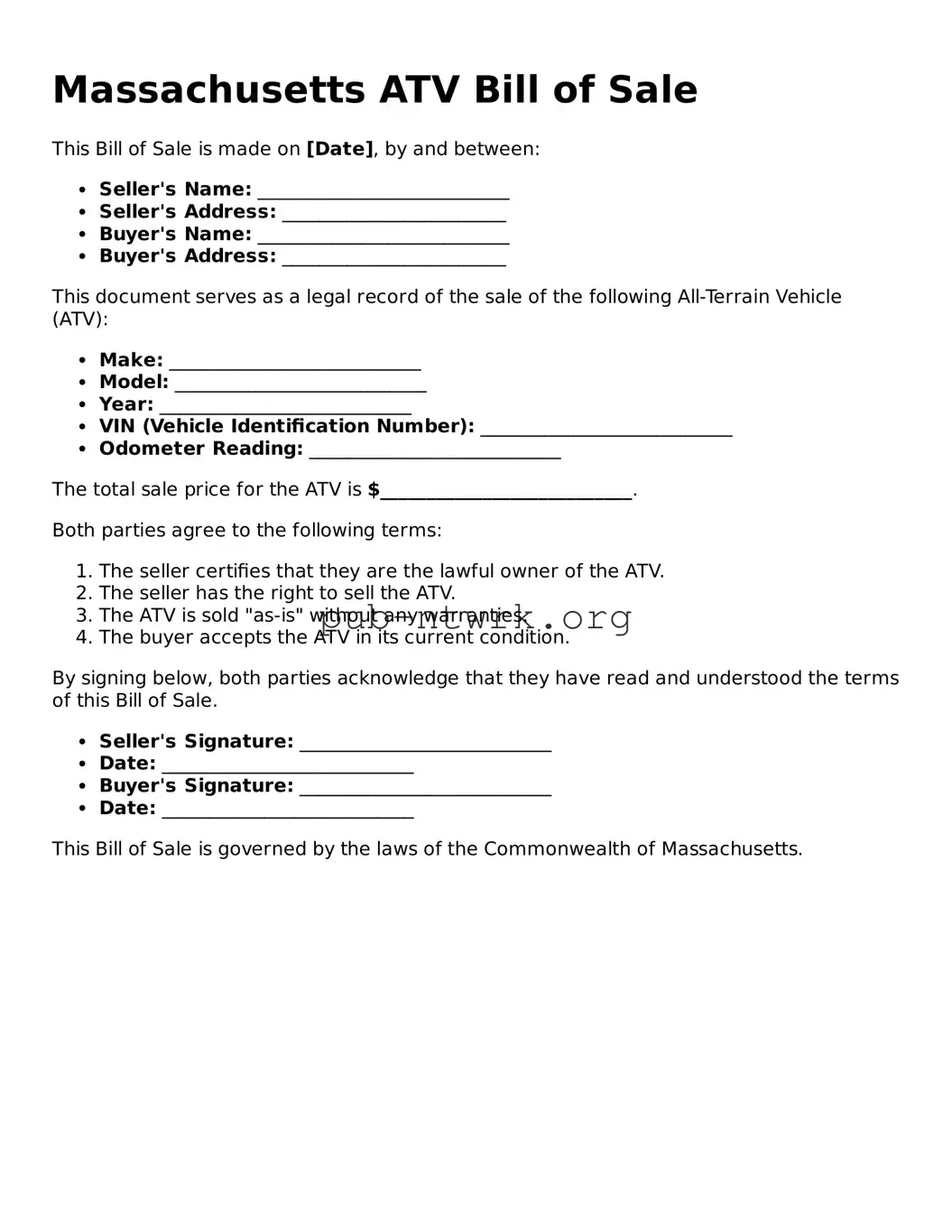 Free Massachusetts ATV Bill of Sale Form