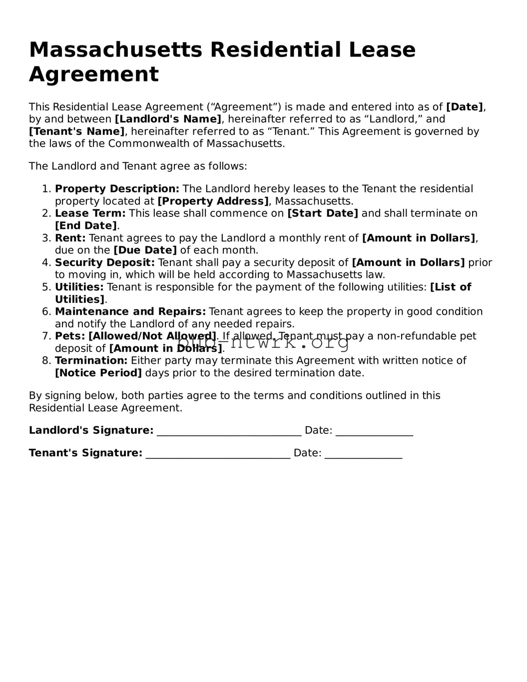 Free Massachusetts Residential Lease Agreement Form