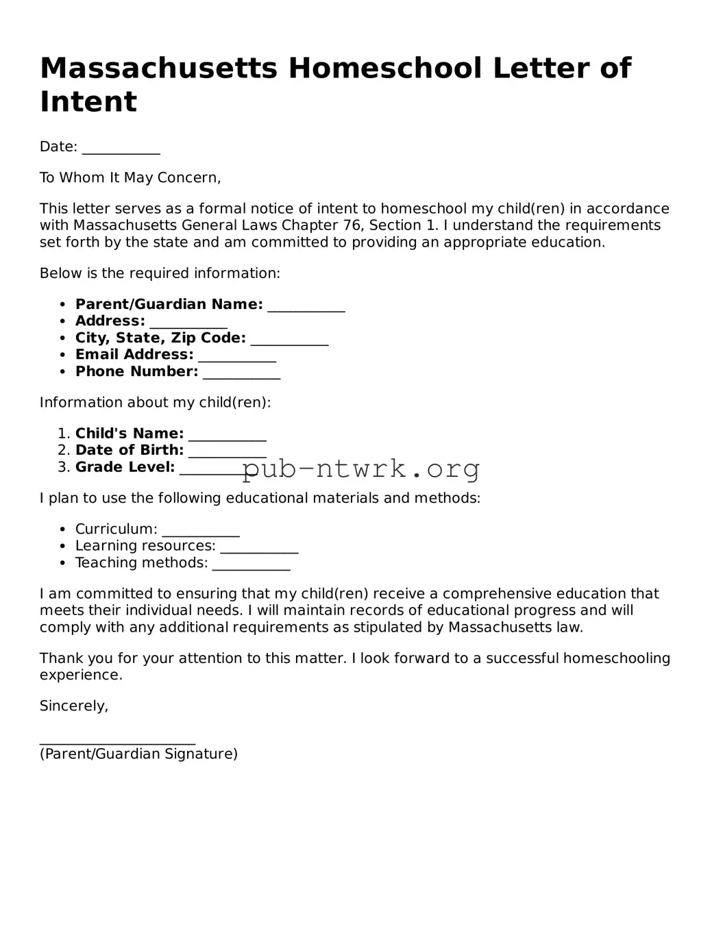 Free Massachusetts Homeschool Letter of Intent Form