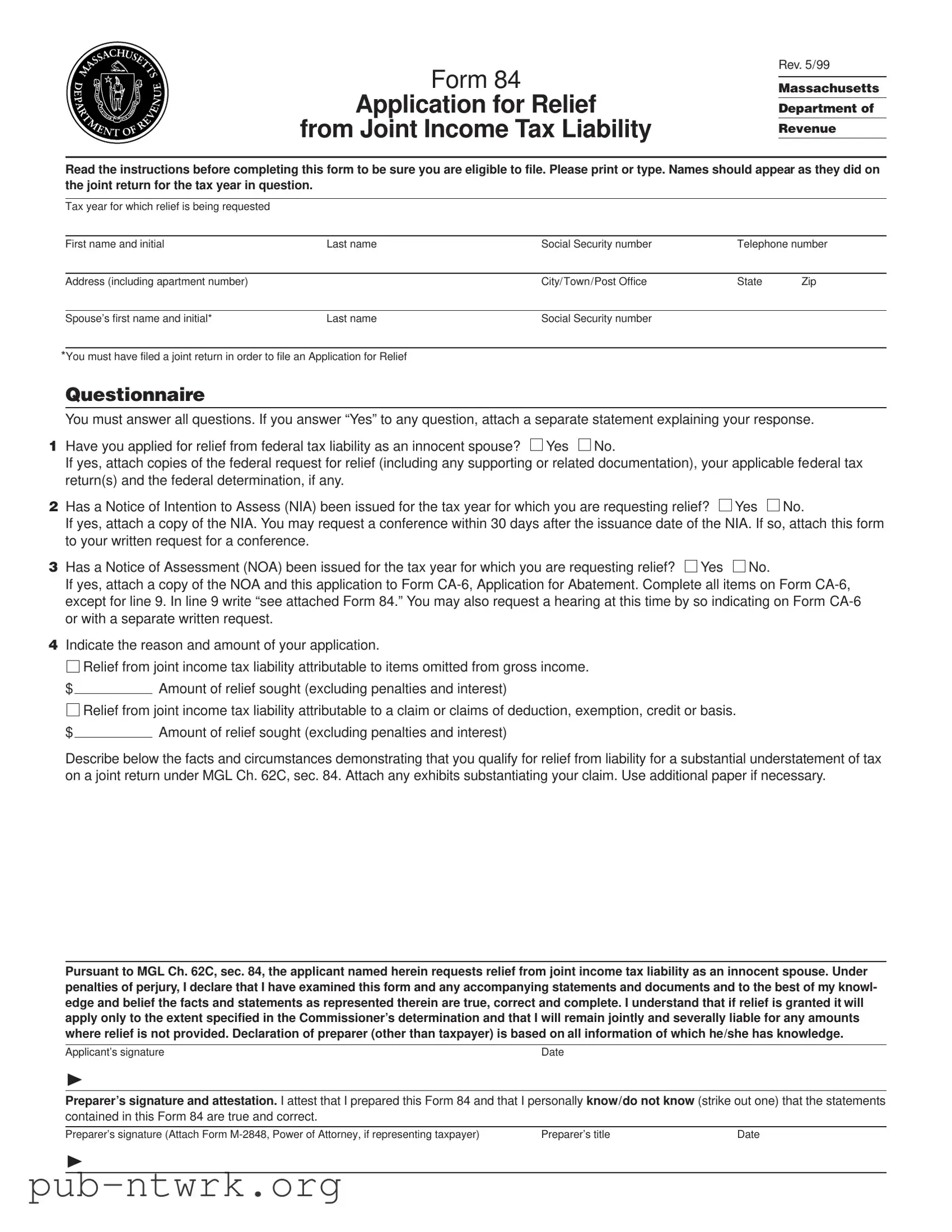Blank Massachusetts 84 PDF Form