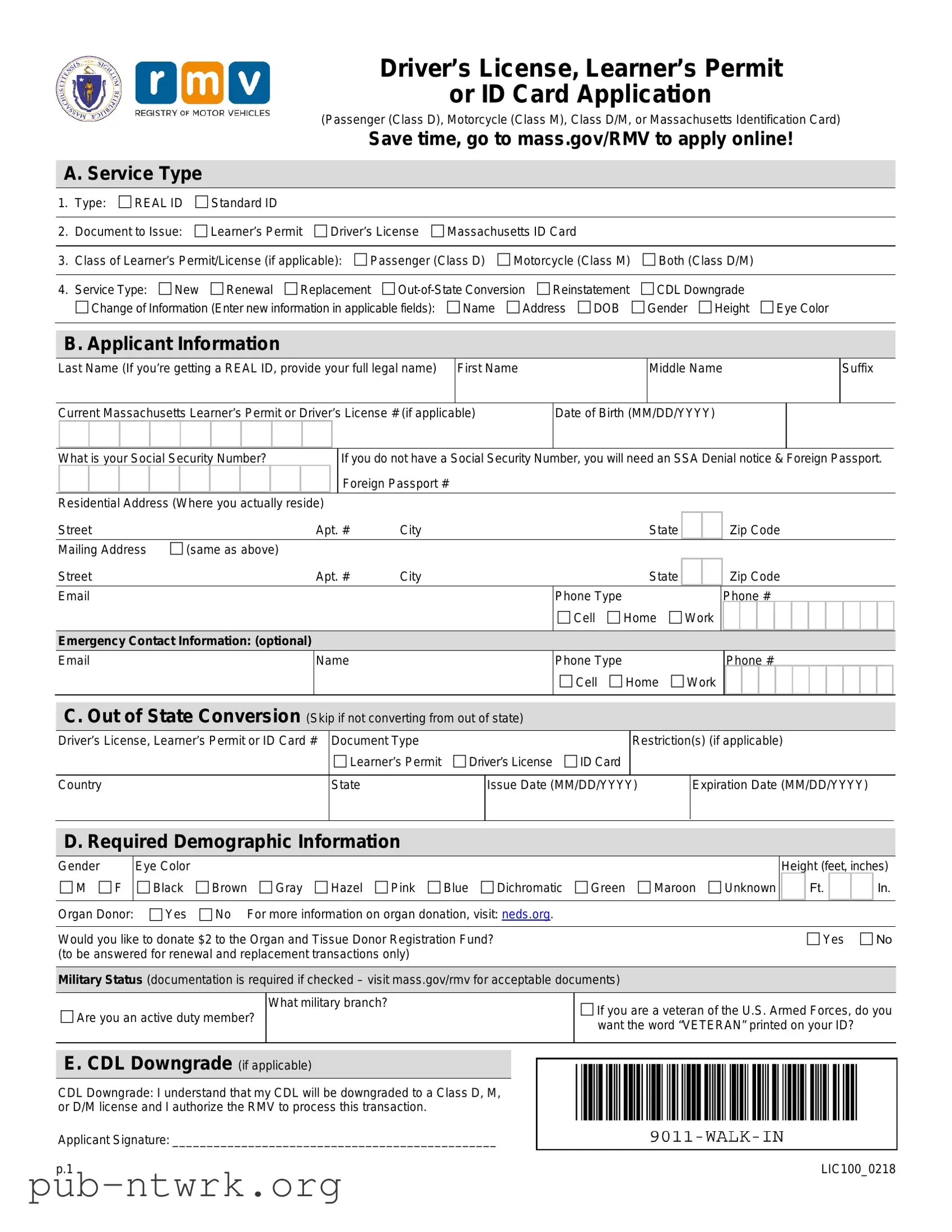 Blank Massachusetts Id Application PDF Form