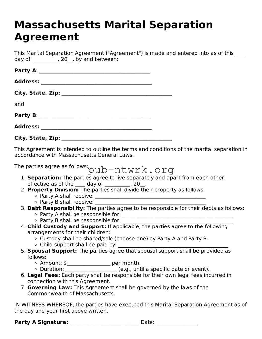 Free Massachusetts Marital Separation Agreement Form