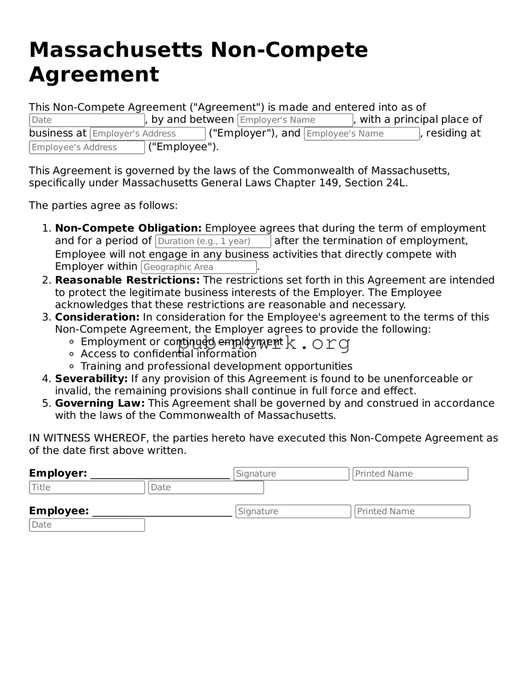 Free Massachusetts Non-compete Agreement Form