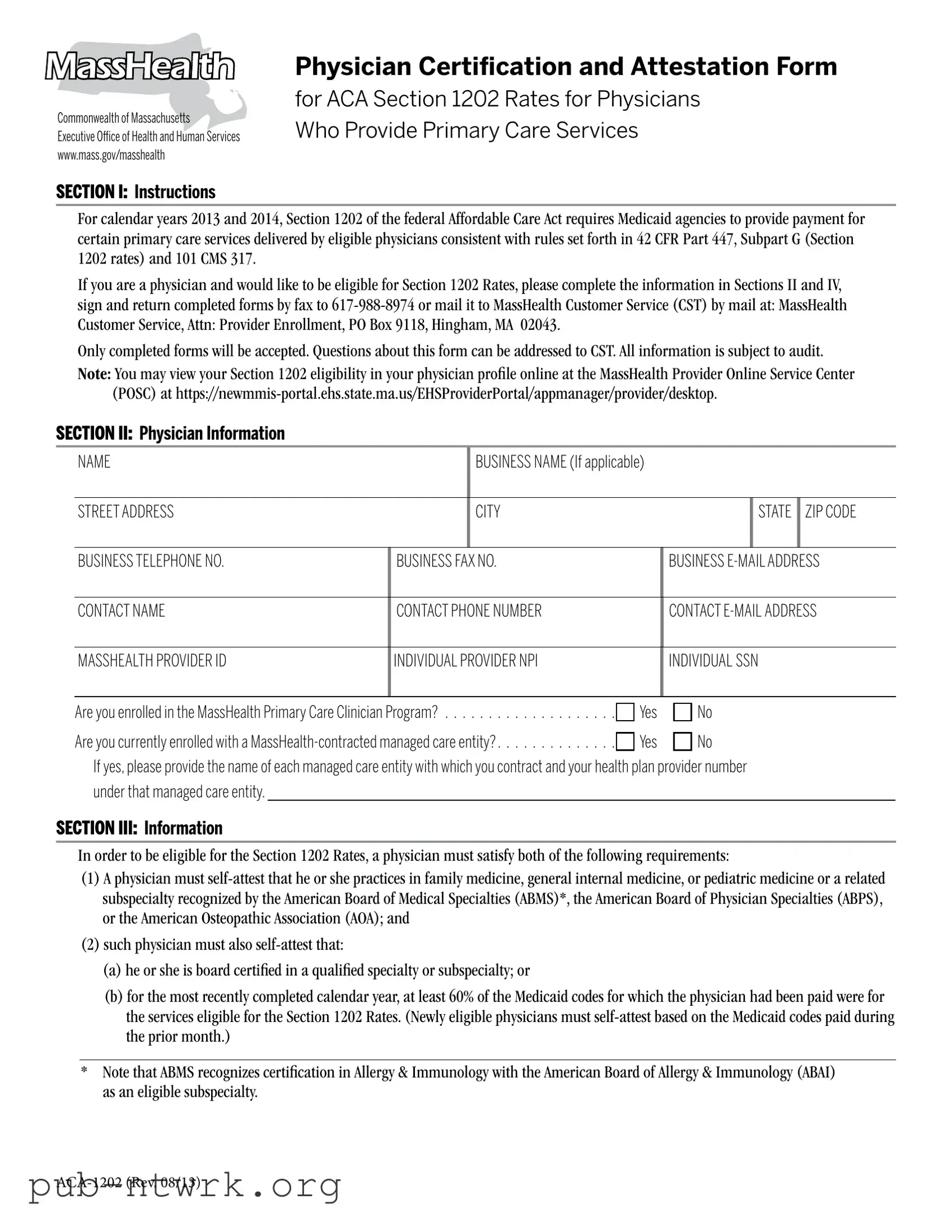Blank Massachusetts Aca 1202 PDF Form