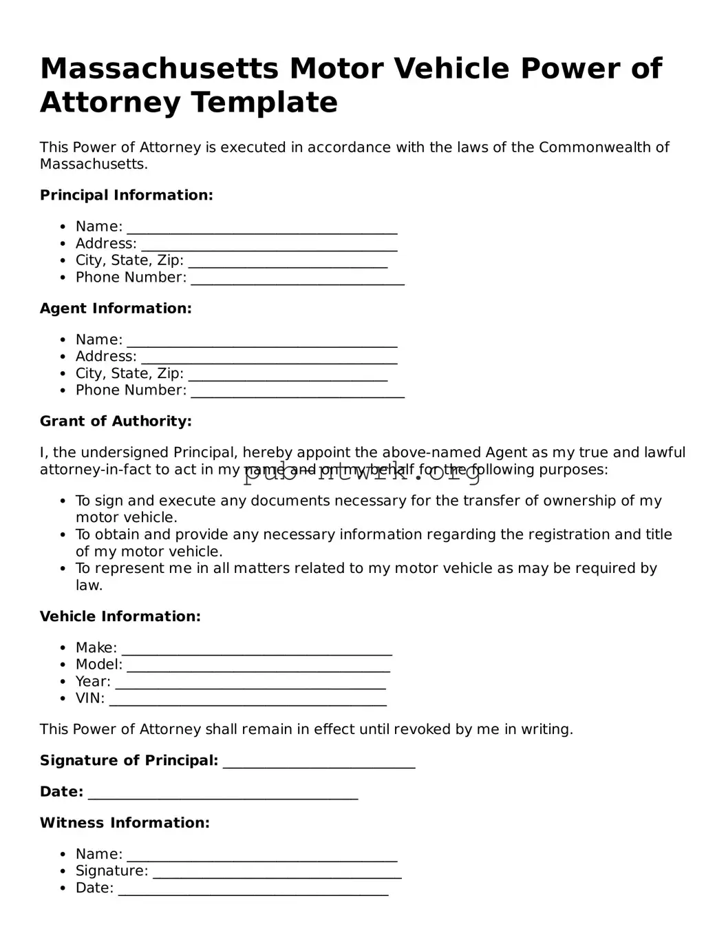 Free Massachusetts Motor Vehicle Power of Attorney Form