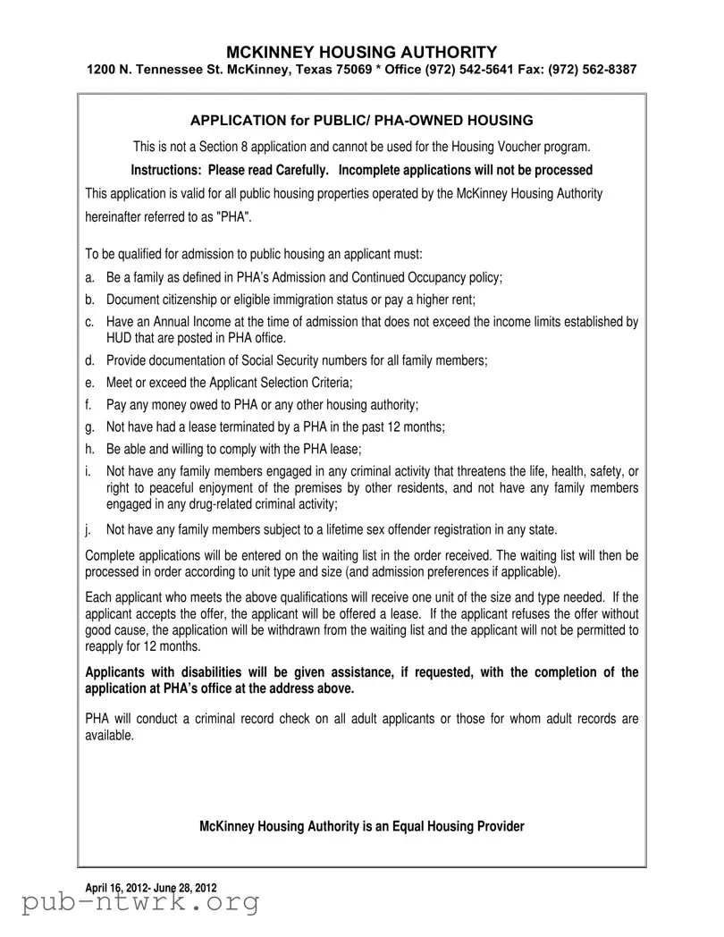 Blank Housing Authority Of Mckinney Texas PDF Form