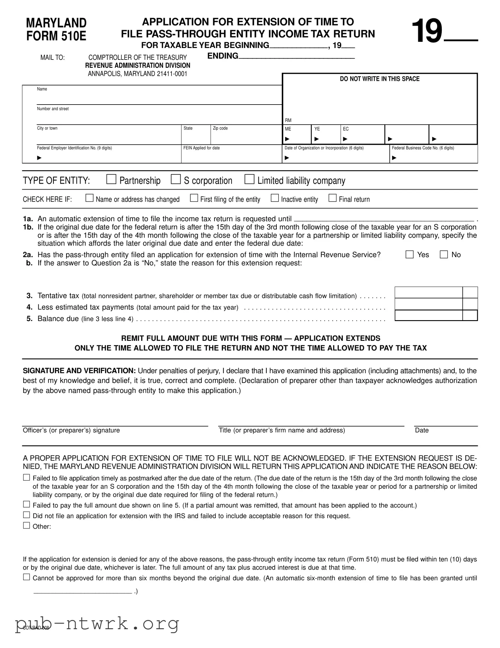 Blank Maryland 510E PDF Form