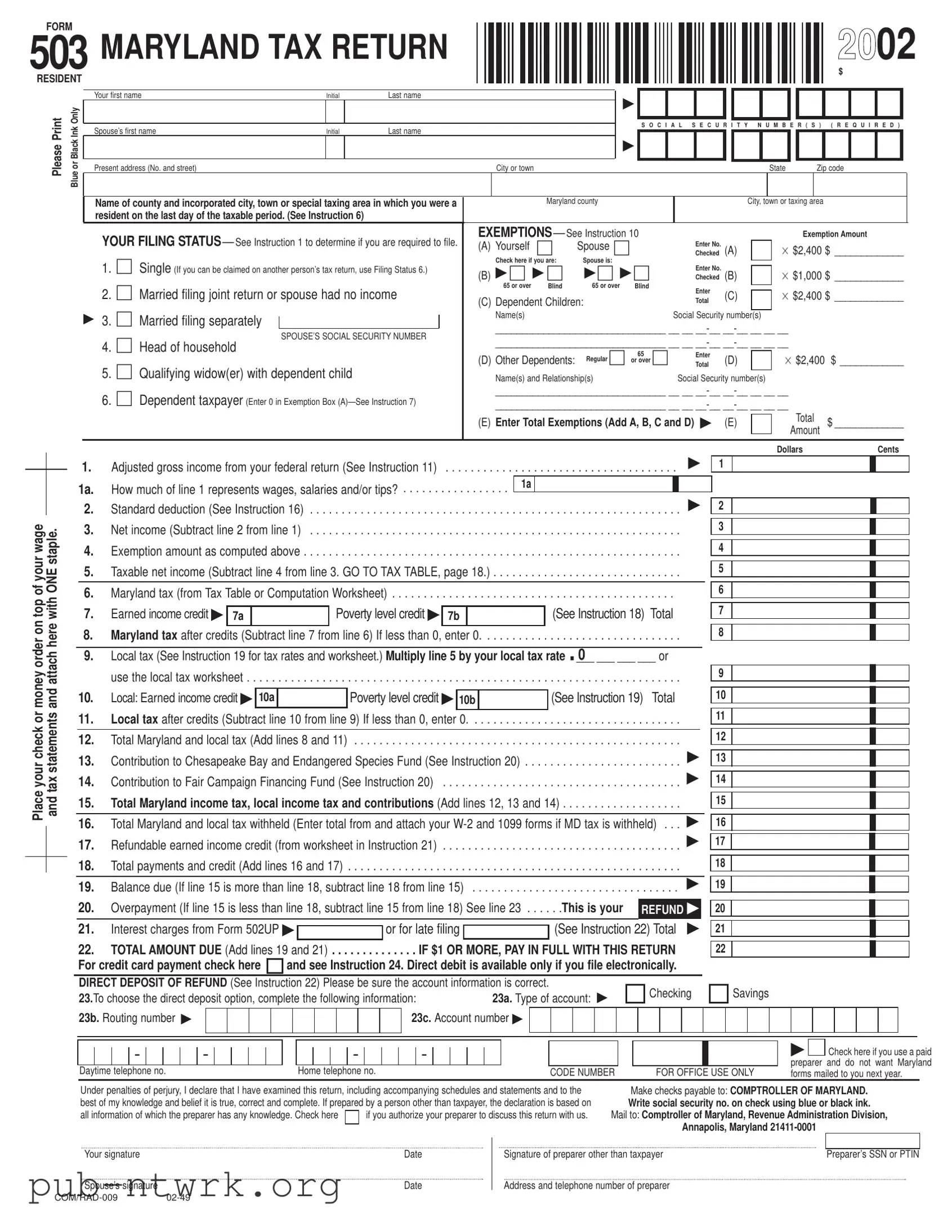 Blank Maryland 503 PDF Form