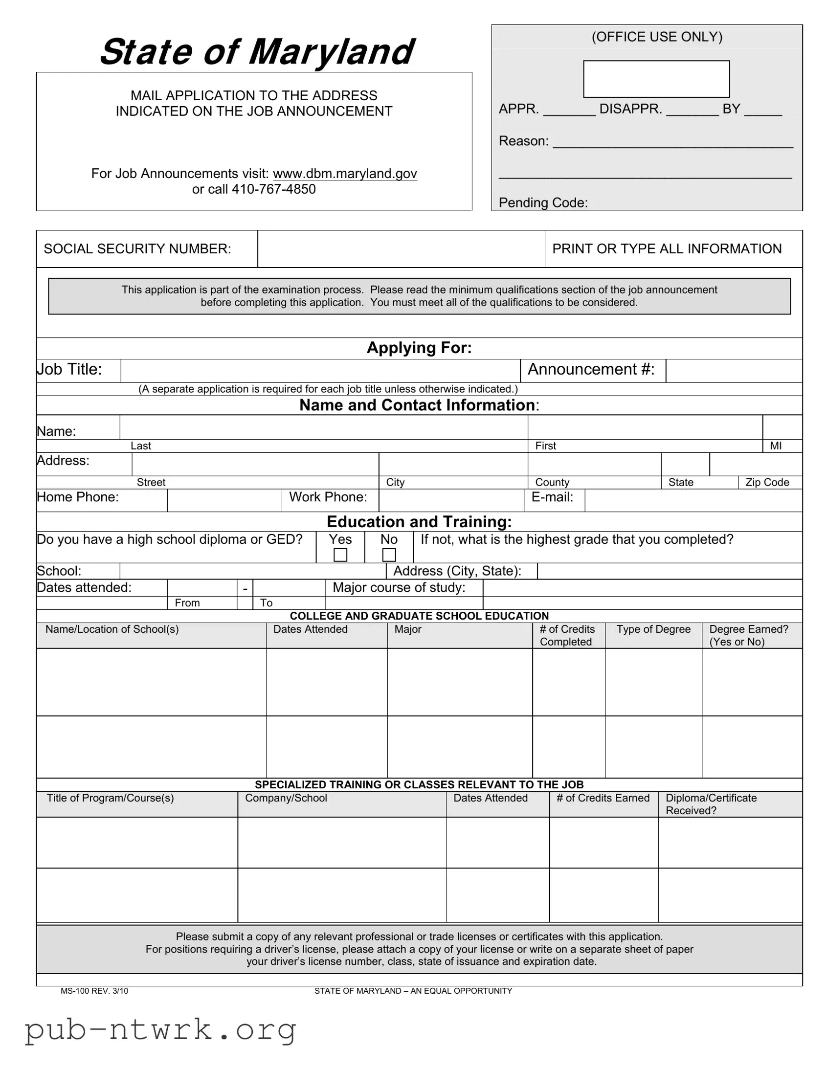 Blank Maryland State 100 Application PDF Form