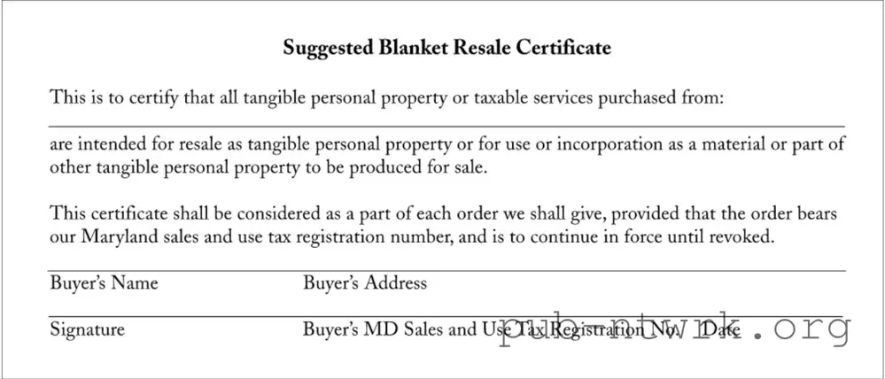 Blank Resale Certificate Maryland PDF Form