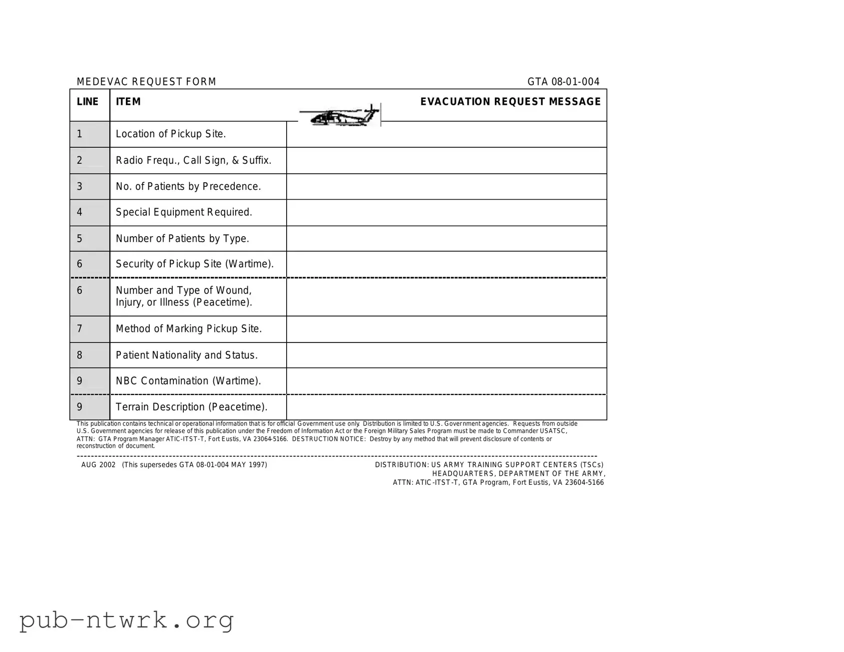 Blank Medevac request form GTA 08-01-004 PDF Form