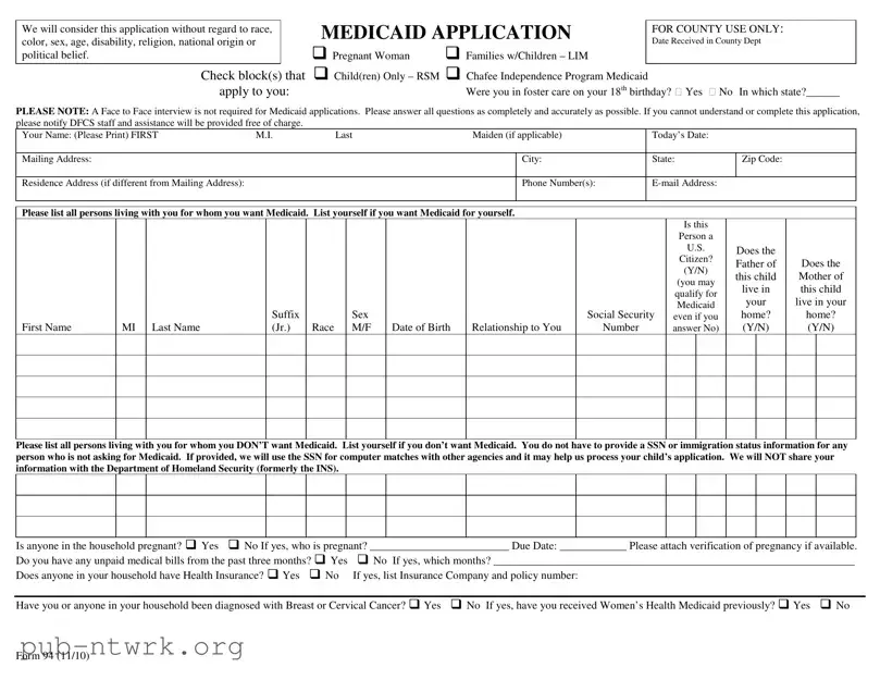 Blank Georgia Medicaid Application PDF Form
