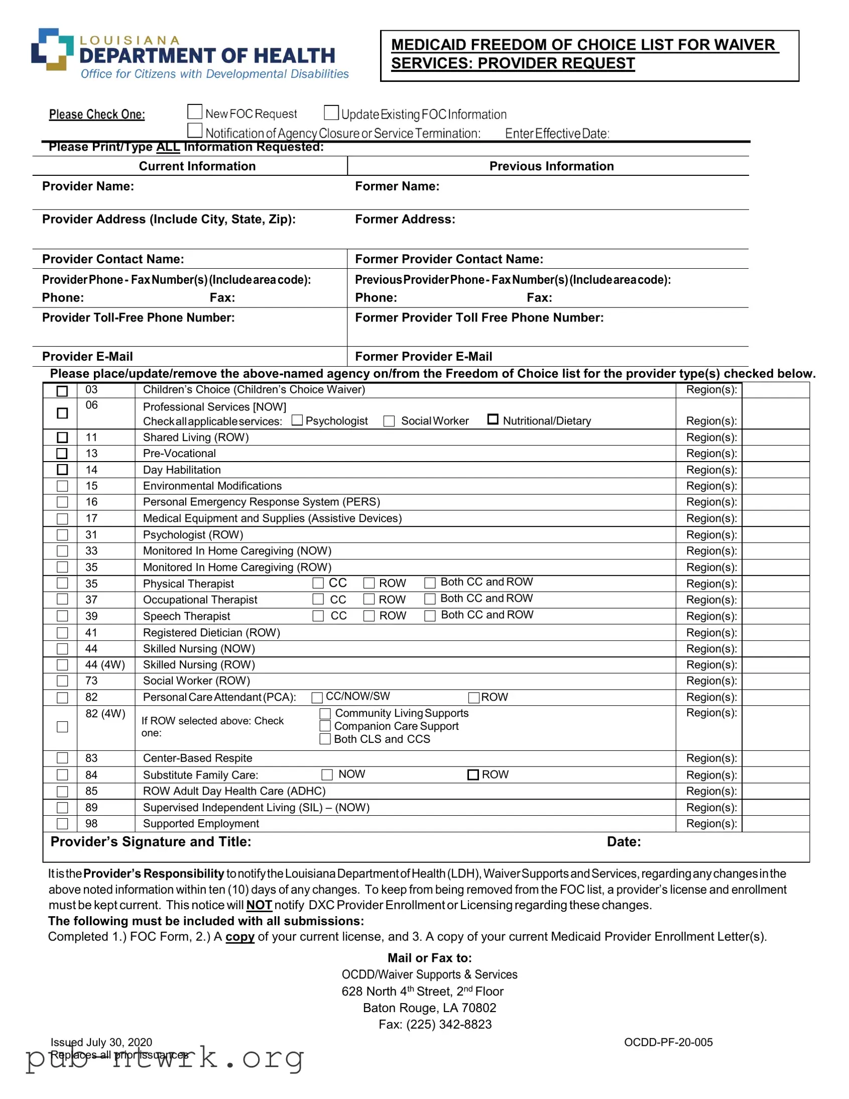 Blank Louisiana Medicaid Freedom of Choice List PDF Form