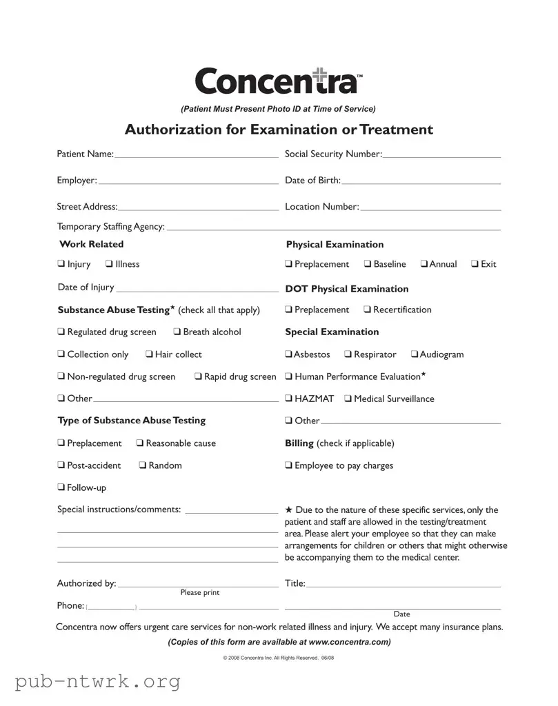 Blank Concentra Authorization PDF Form