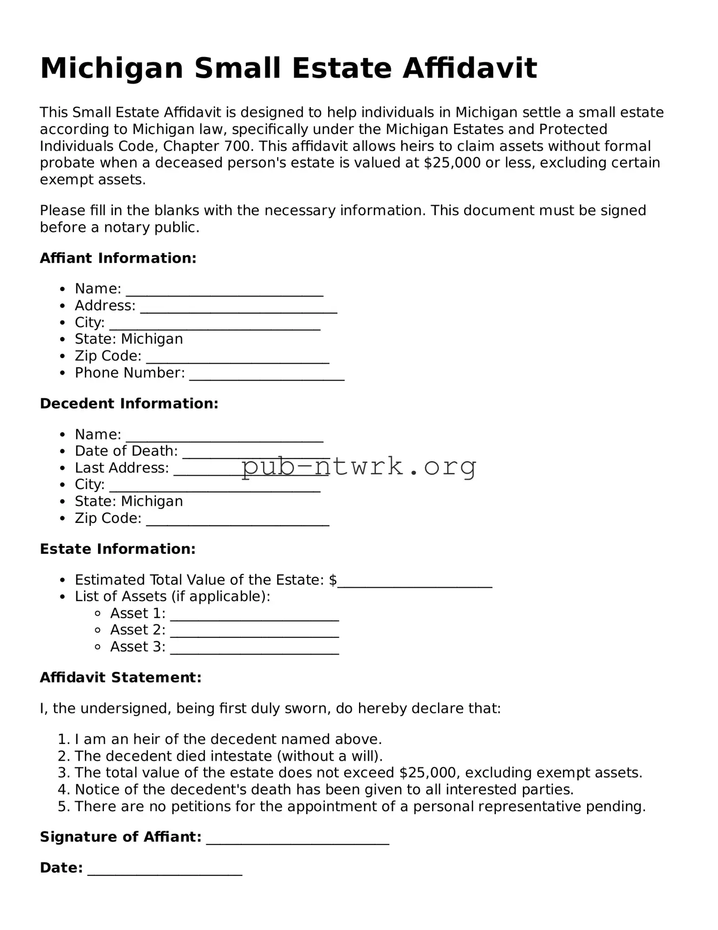 Free Michigan Small Estate Affidavit Form