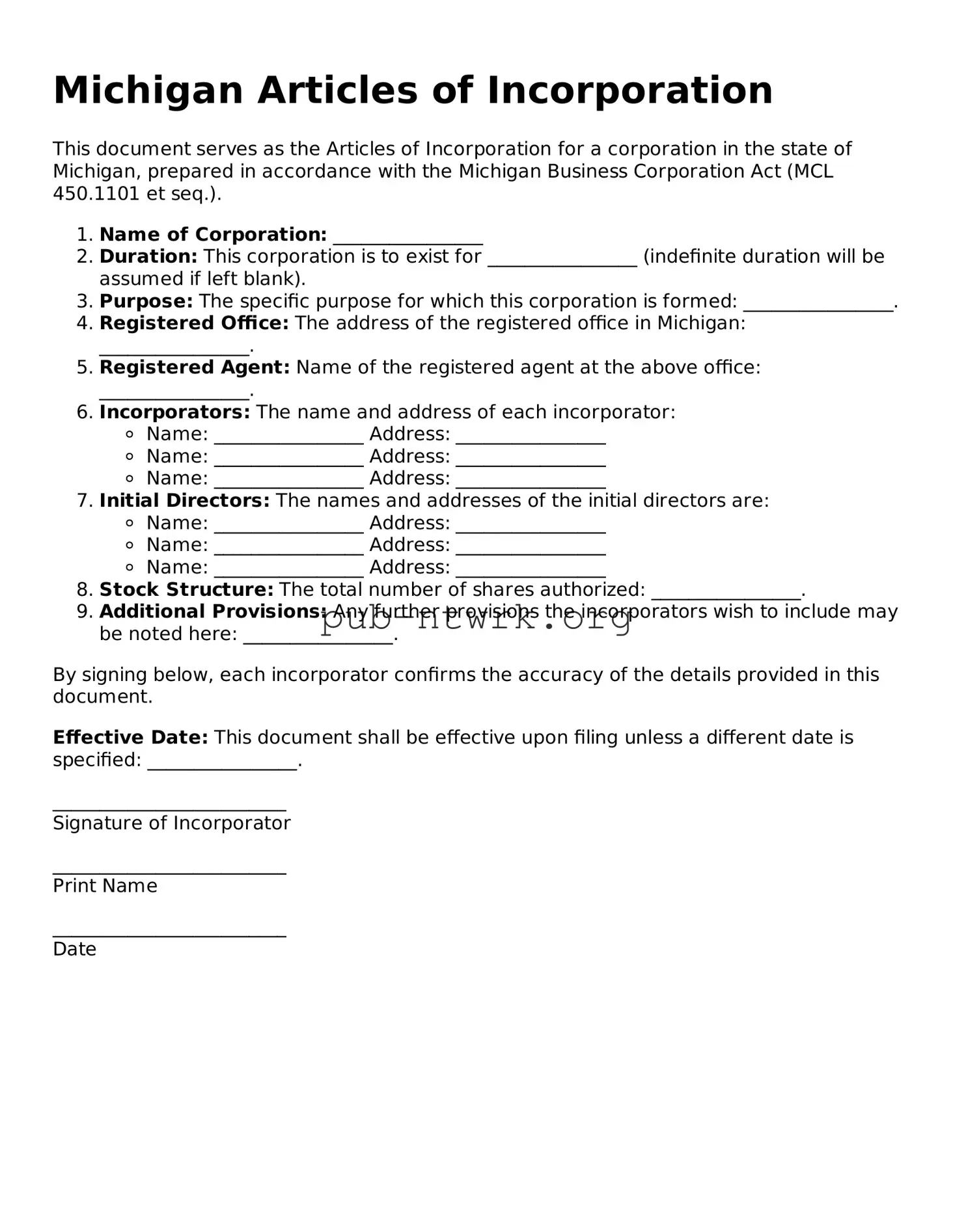 Free Michigan Articles of Incorporation Form