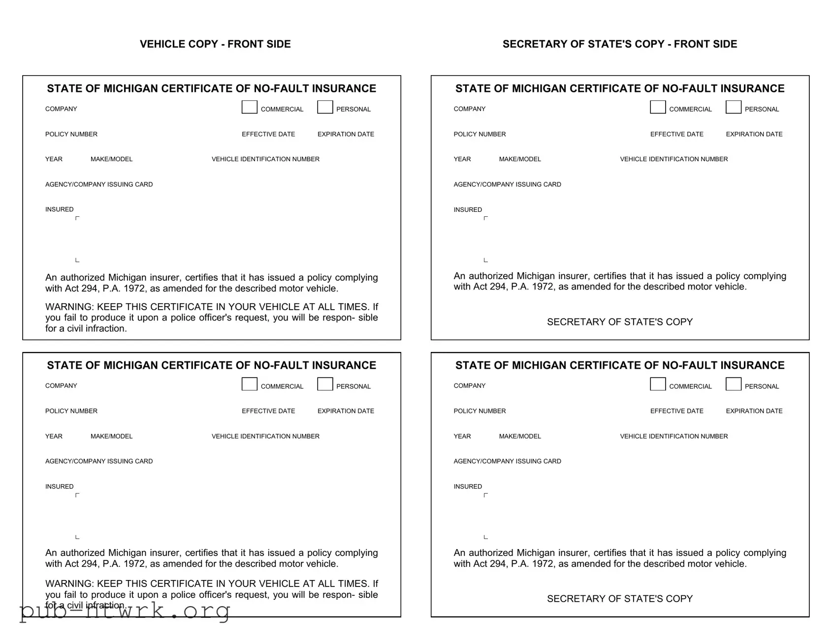 Blank Michigan No Fault Insurance PDF Form