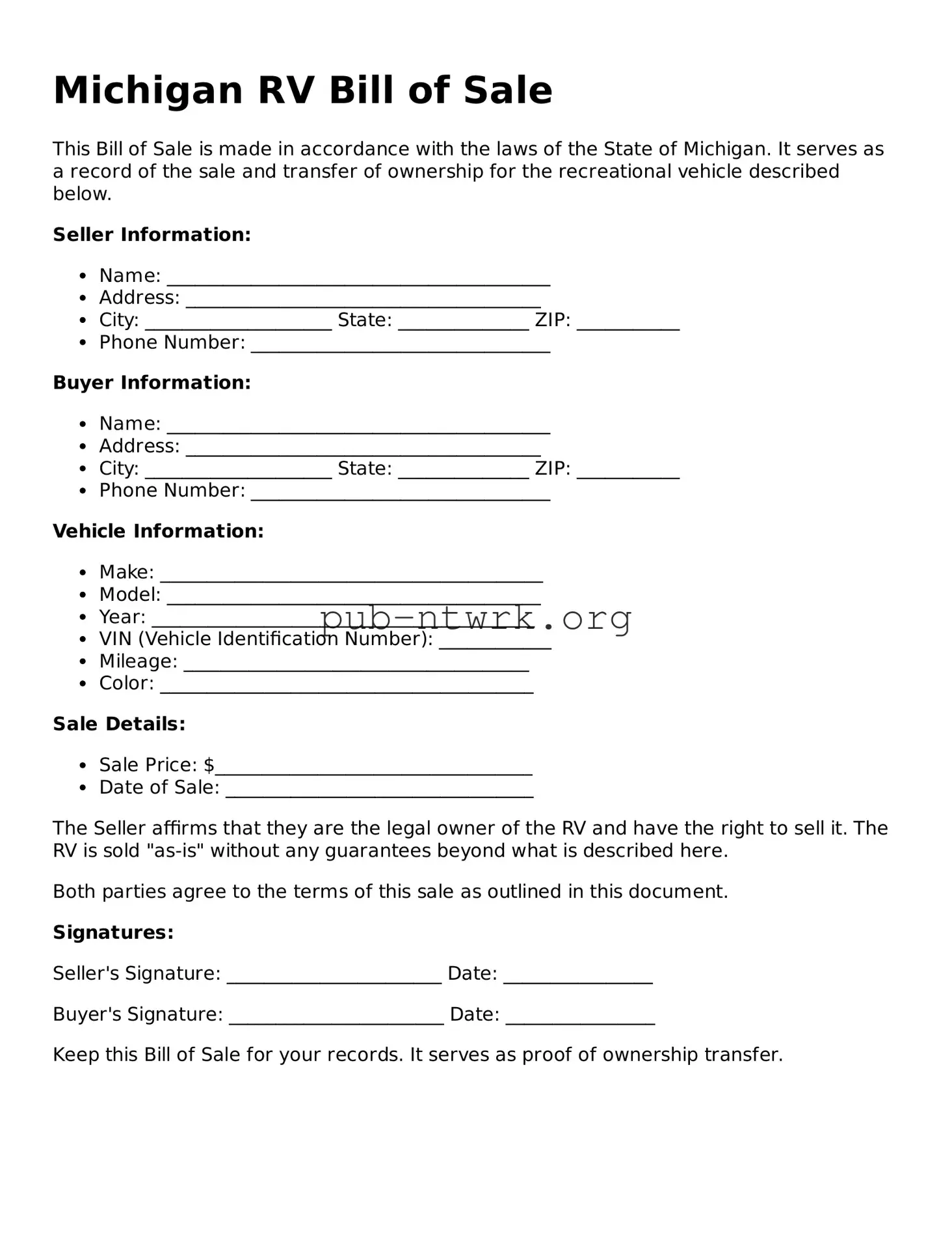 Free Michigan RV Bill of Sale Form