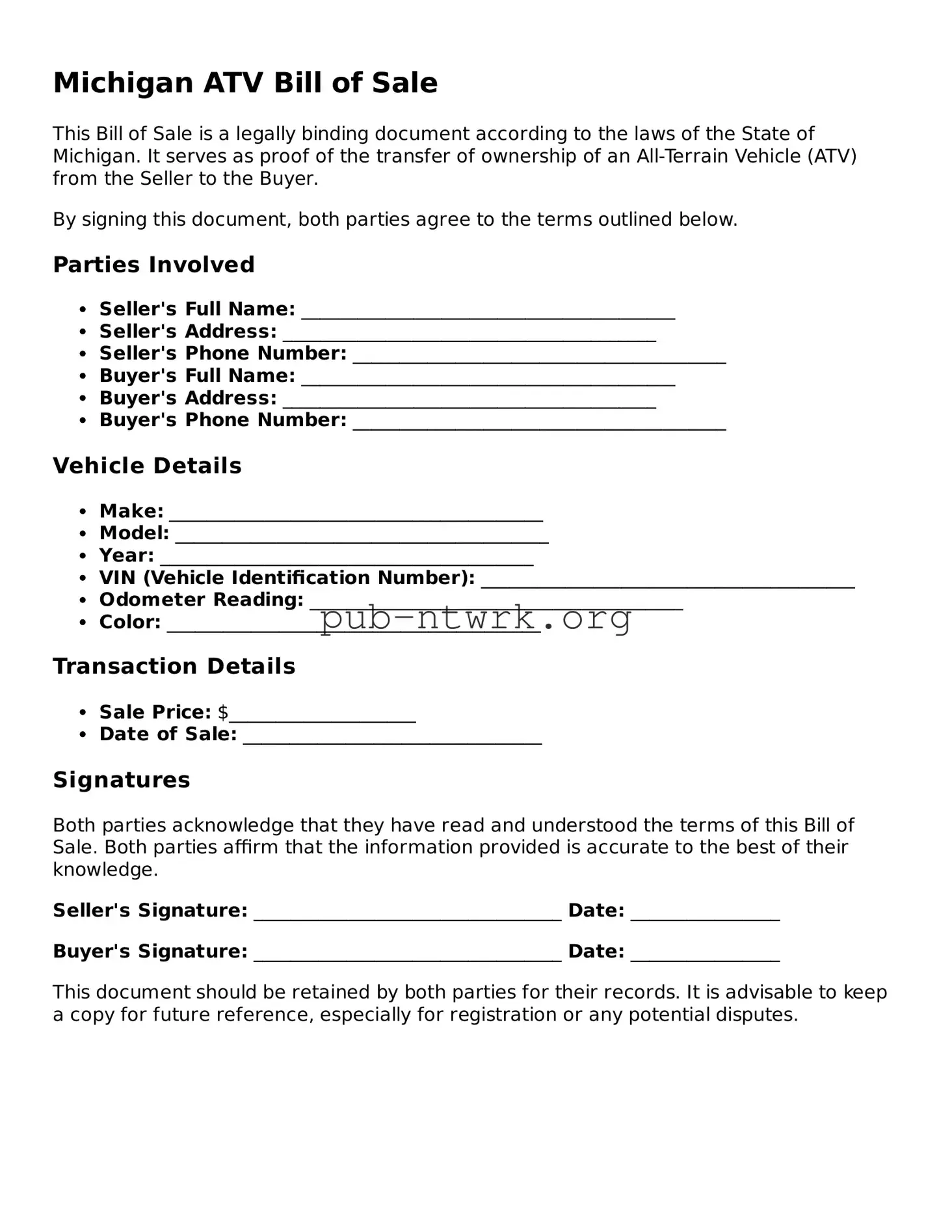 Free Michigan ATV Bill of Sale Form