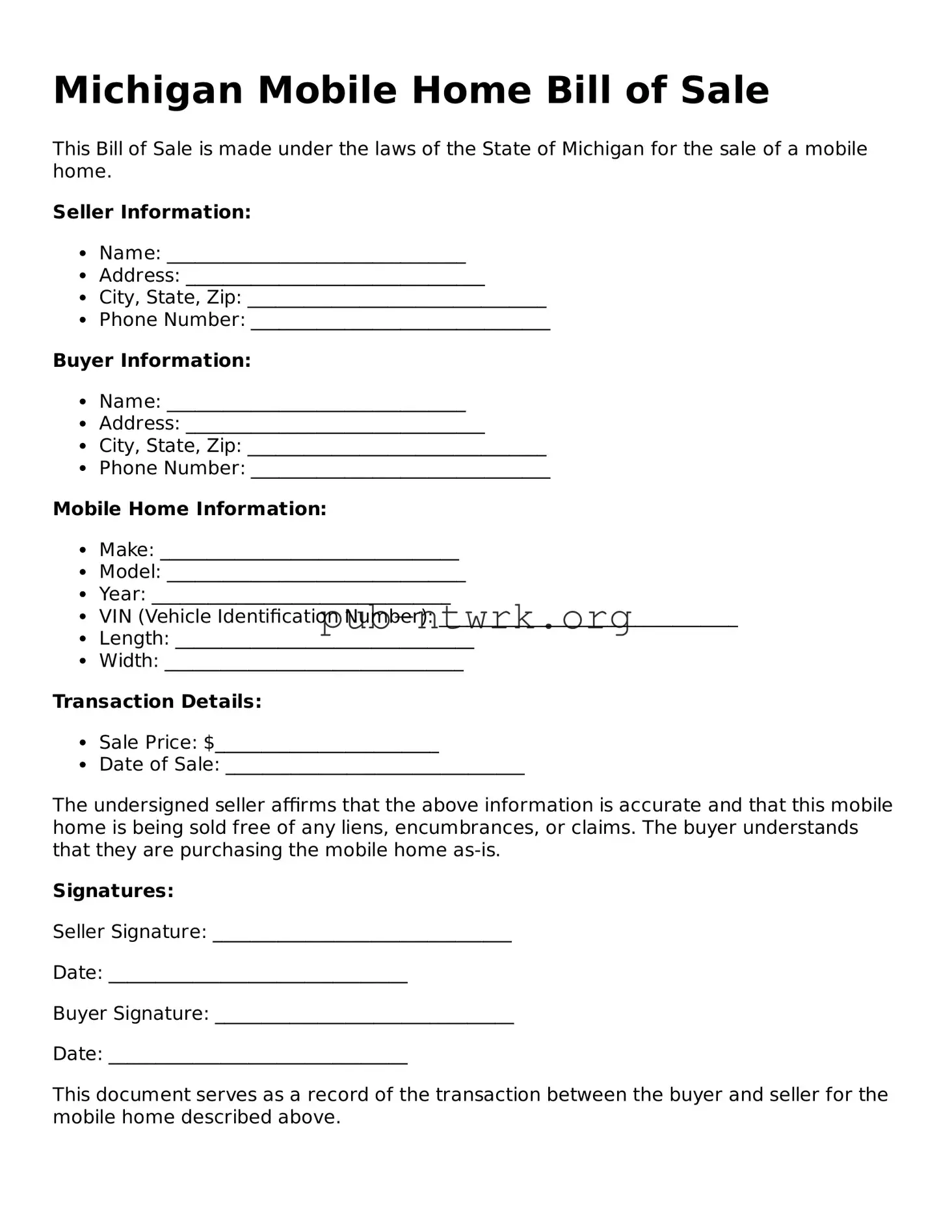 Free Michigan Mobile Home Bill of Sale Form
