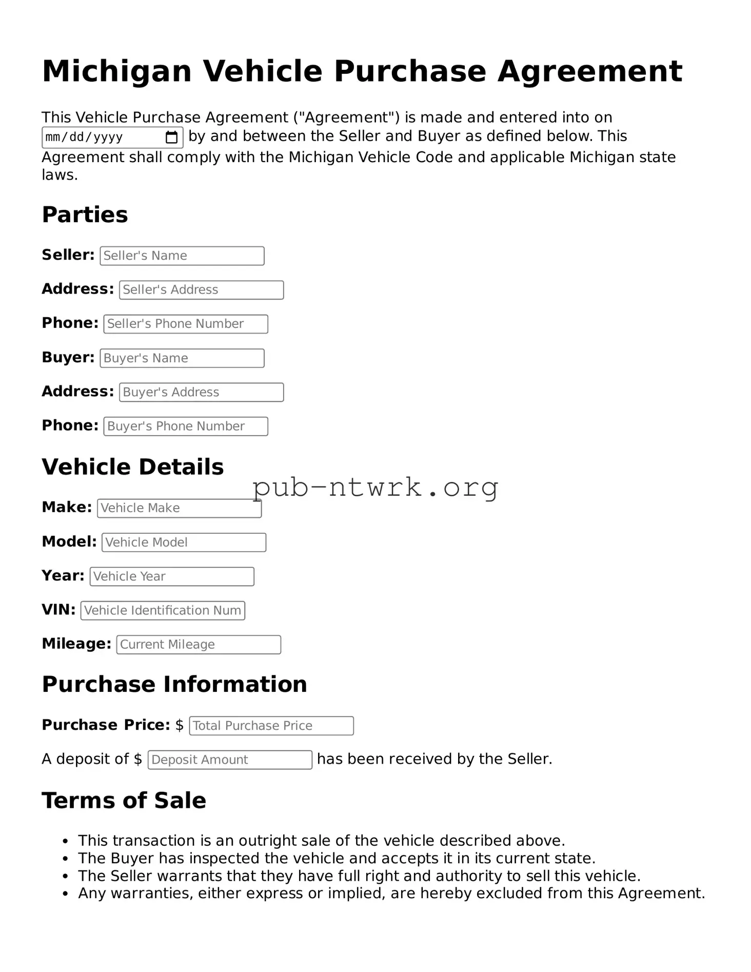 Free Michigan Vehicle Purchase Agreement Form