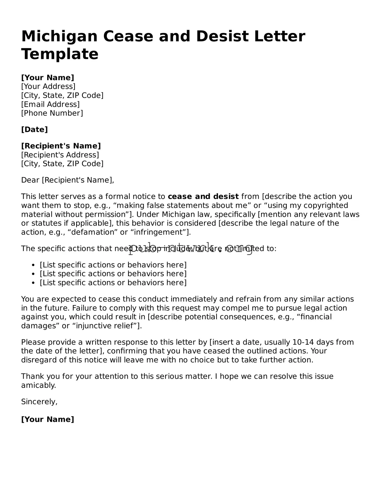 Free Michigan Cease and Desist Letter Form