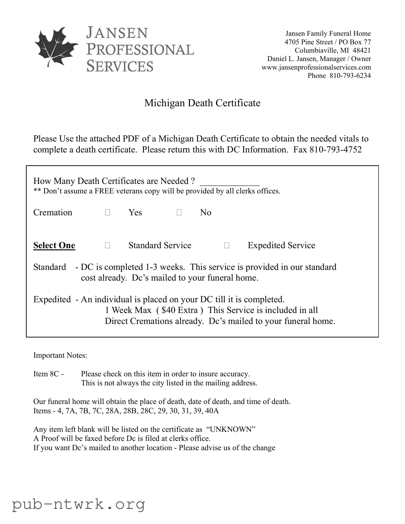 Blank Michigan Death Certificate PDF Form